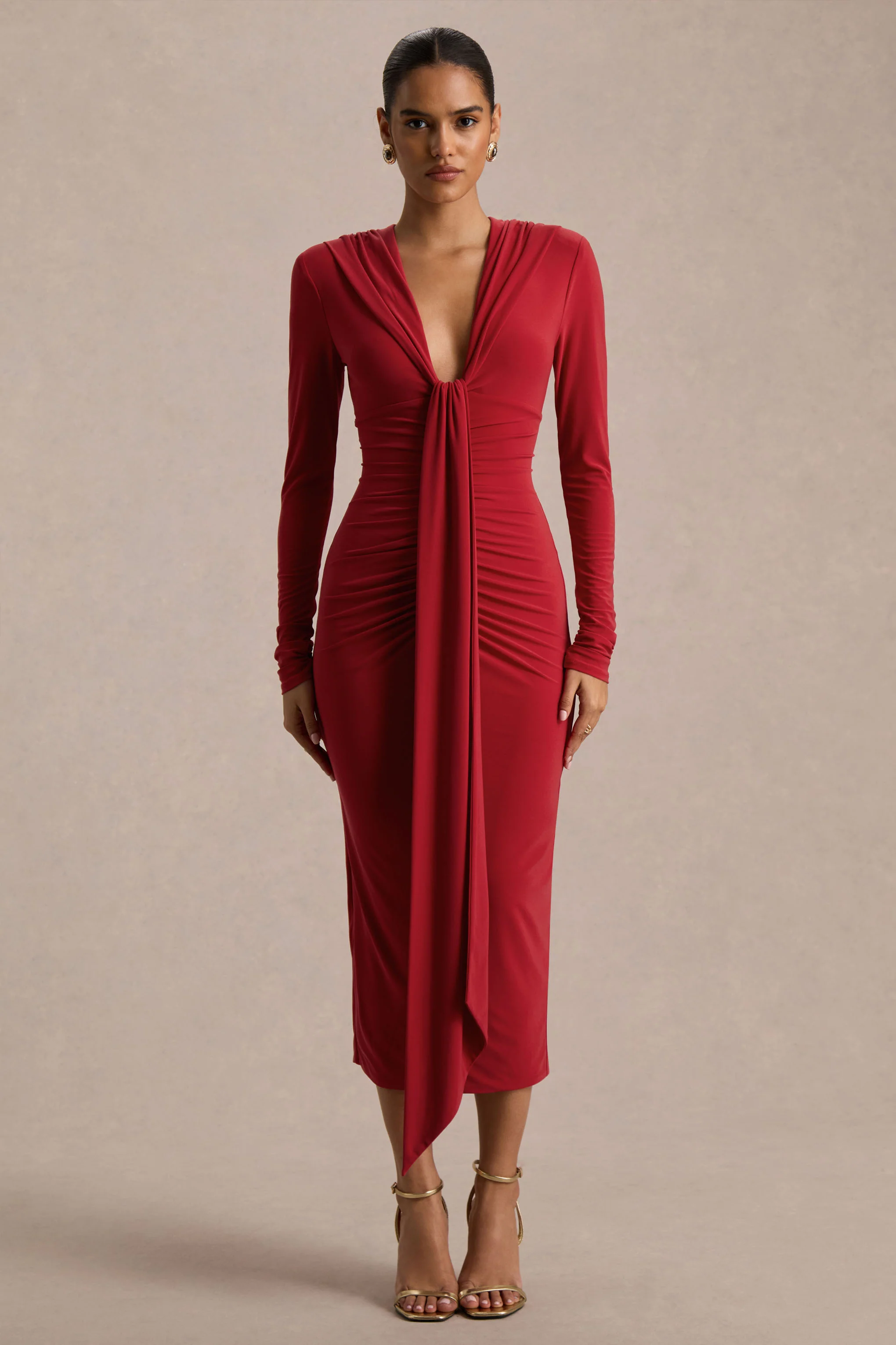 Ivara | Red Plunge-Neck Maxi Dress With Ruched Detailing And Sash