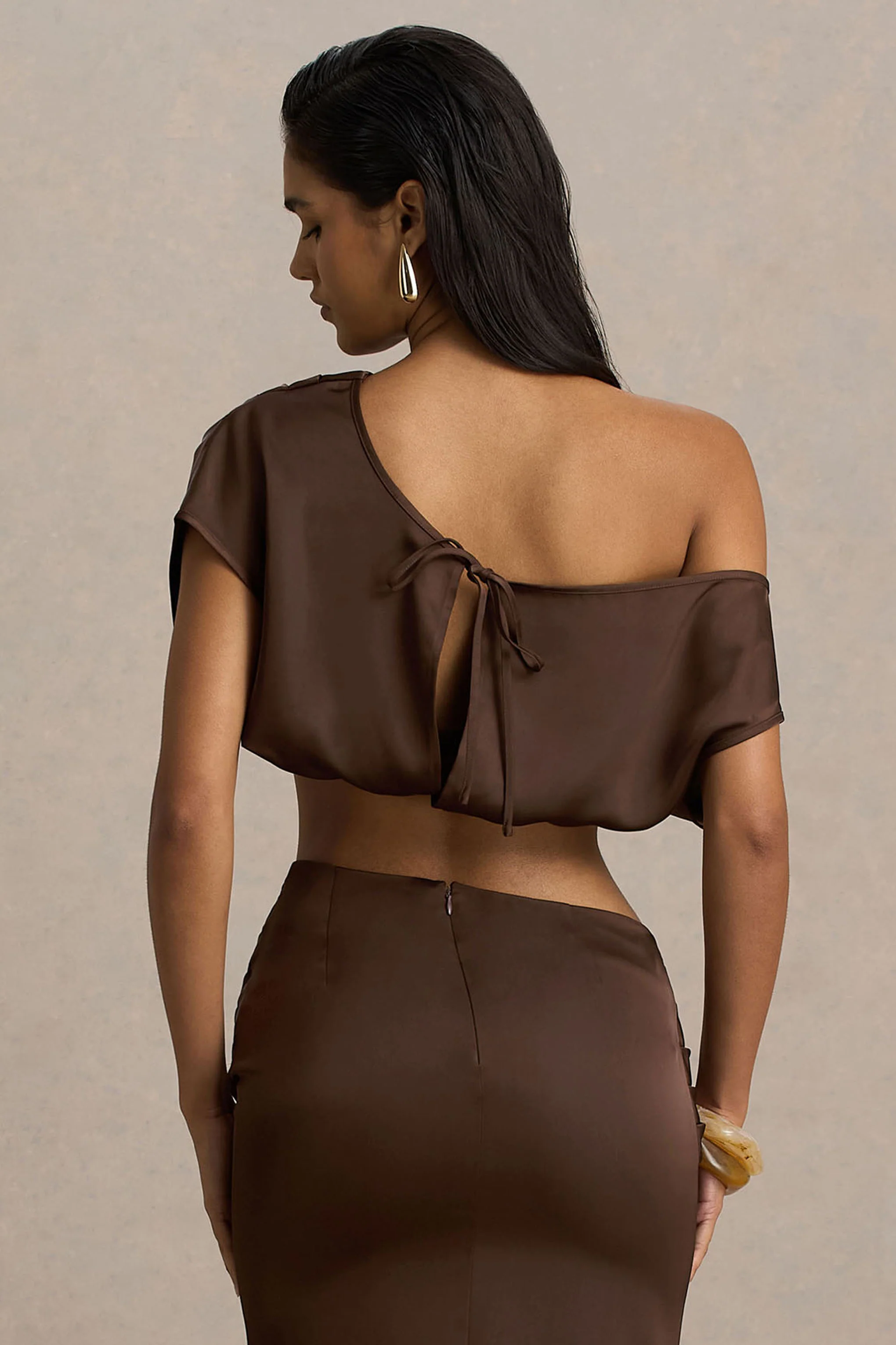 Entrapment | Brown Satin Boat-Neck Crop-Top With Ruched Detailing