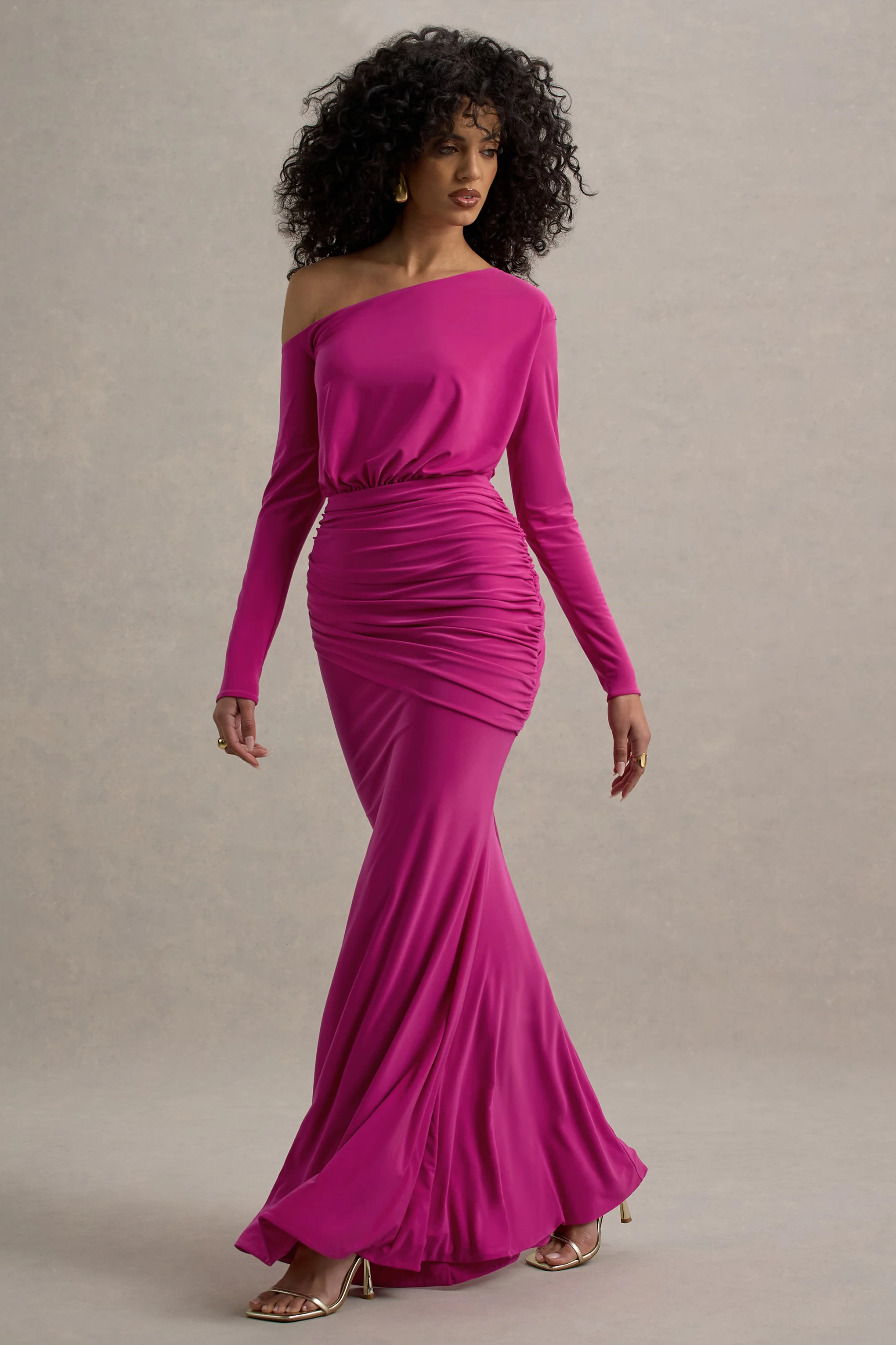 Deanna | Hot Pink Asymmetric Long-Sleeve Ruched Maxi Dress