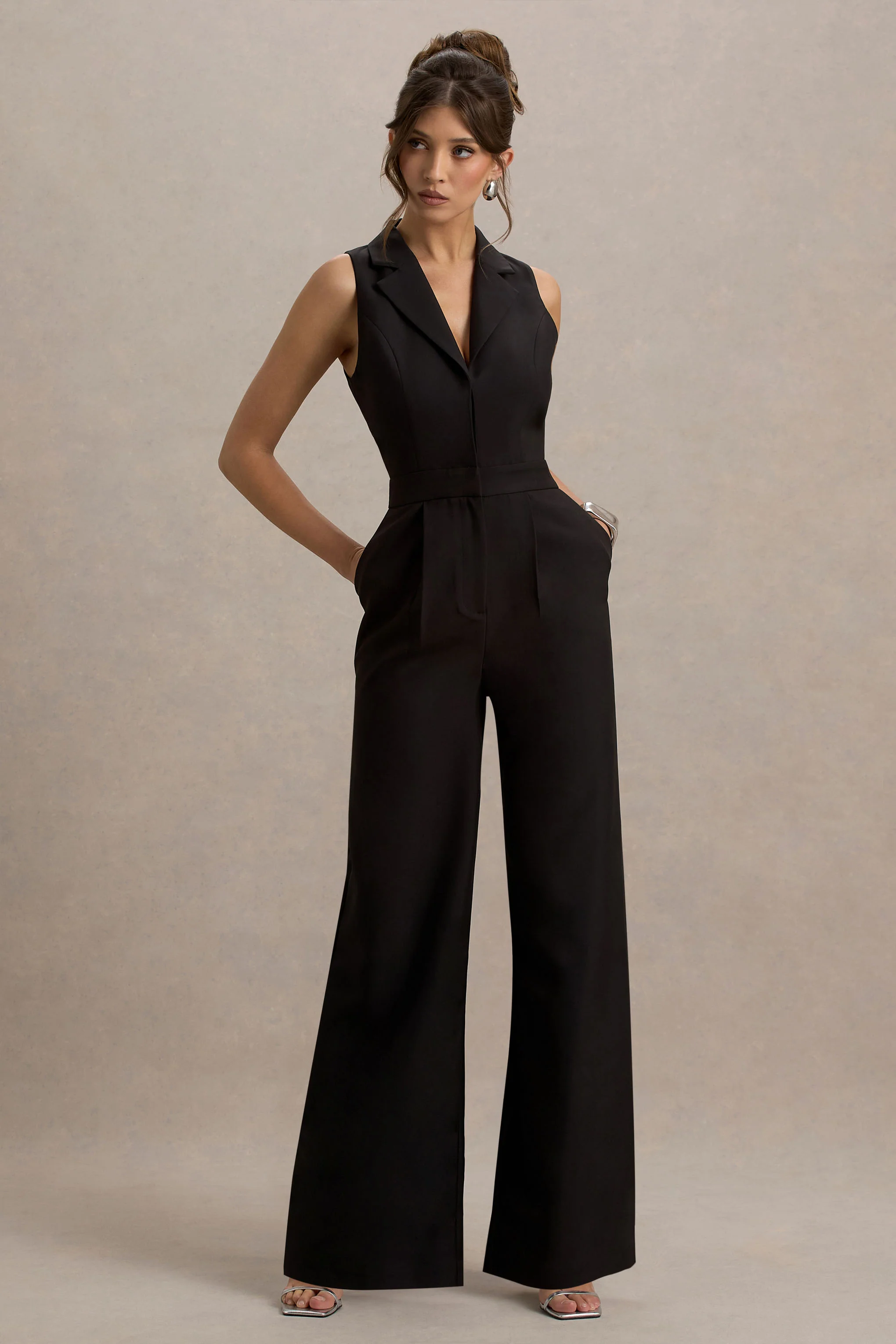 Trixie | Black Plunge-Neck Tailored Jumpsuit