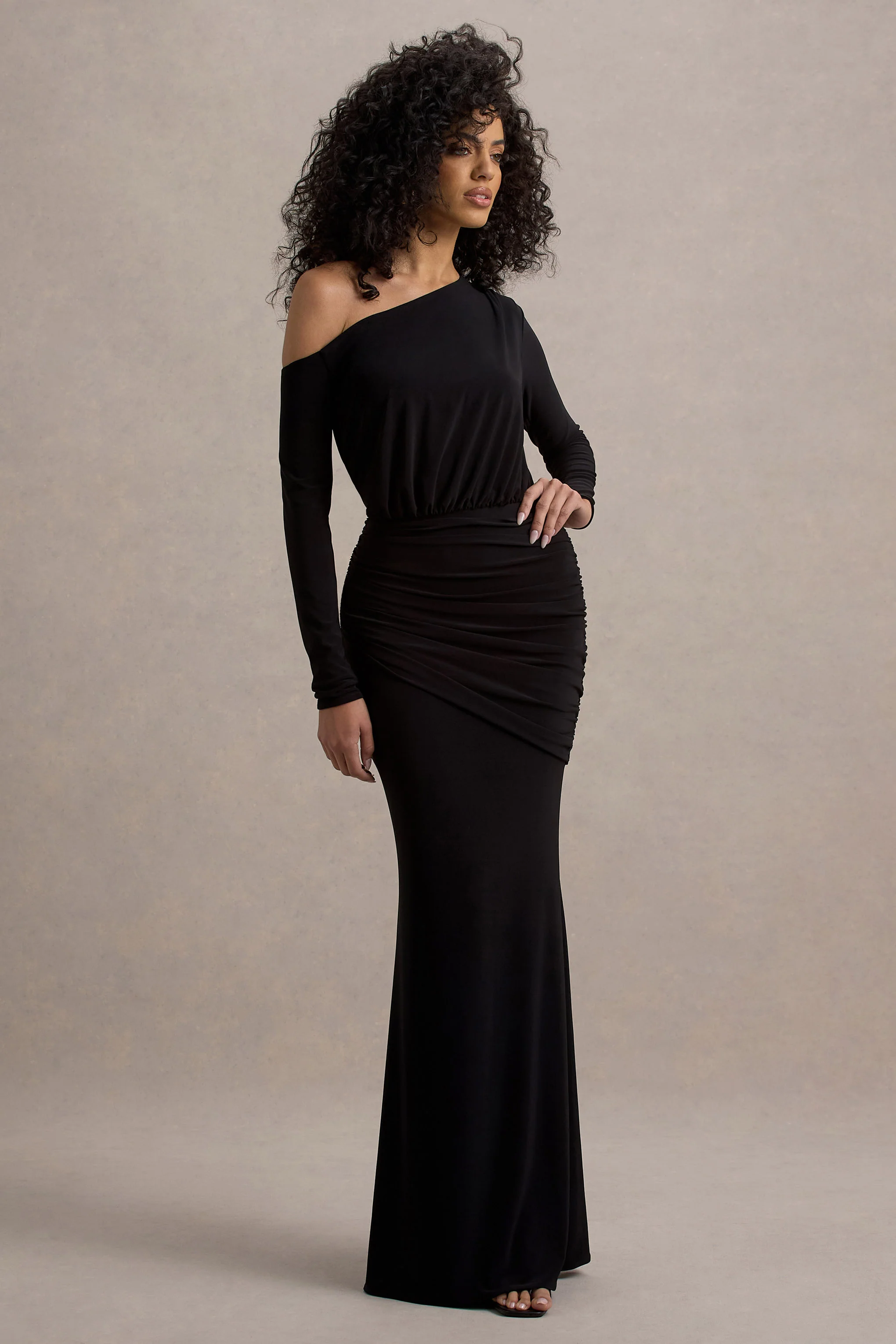 Deanna | Black Asymmetric Long-Sleeve Ruched Maxi Dress