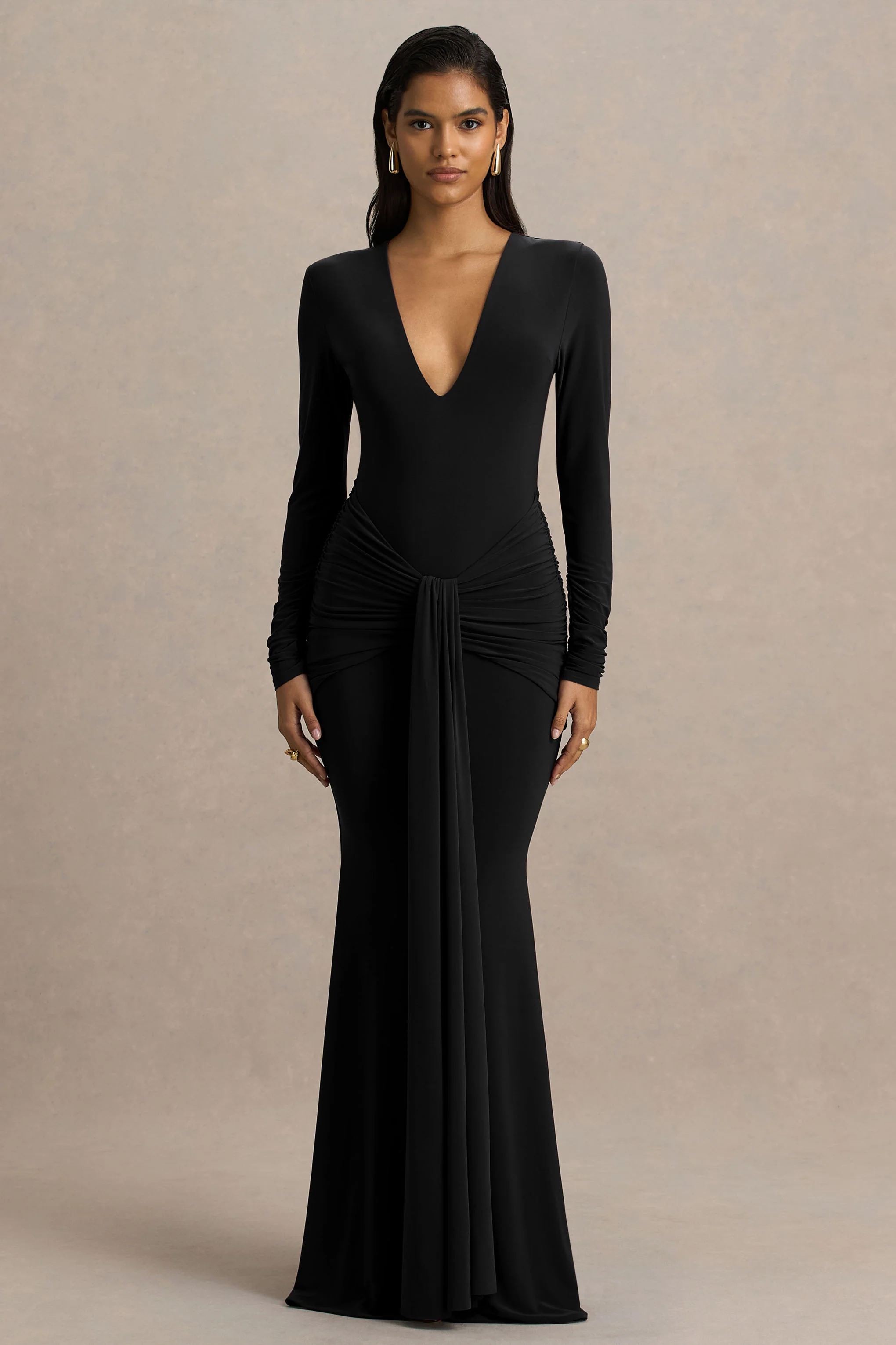 Saffie | Black Extreme-Plunge Wrap Maxi Dress With Long-Sleeves And Ruched Detailing