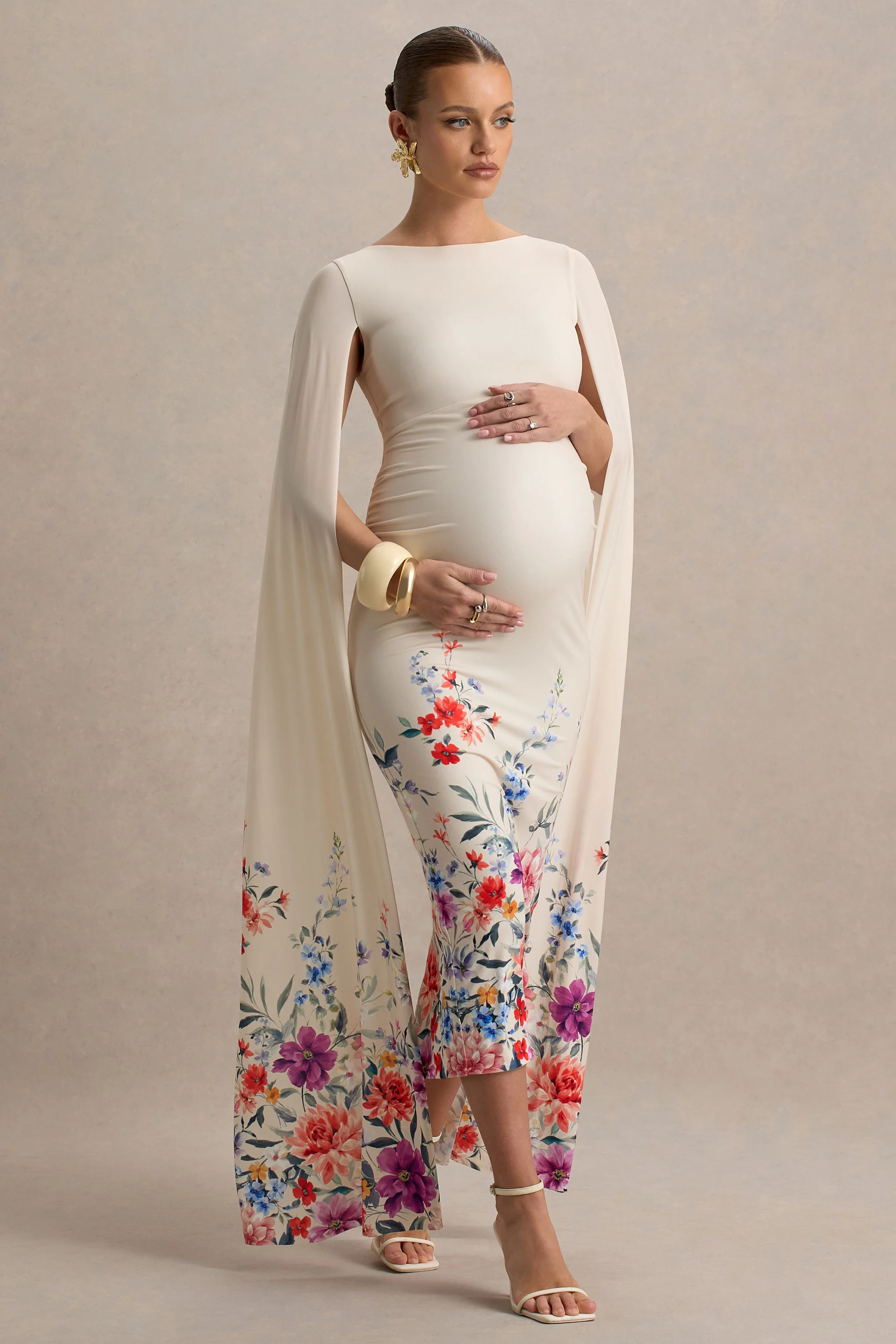 Providence | Light Pink Floral Print Boat-Neck Maternity Midi Dress With Cape Sleeves
