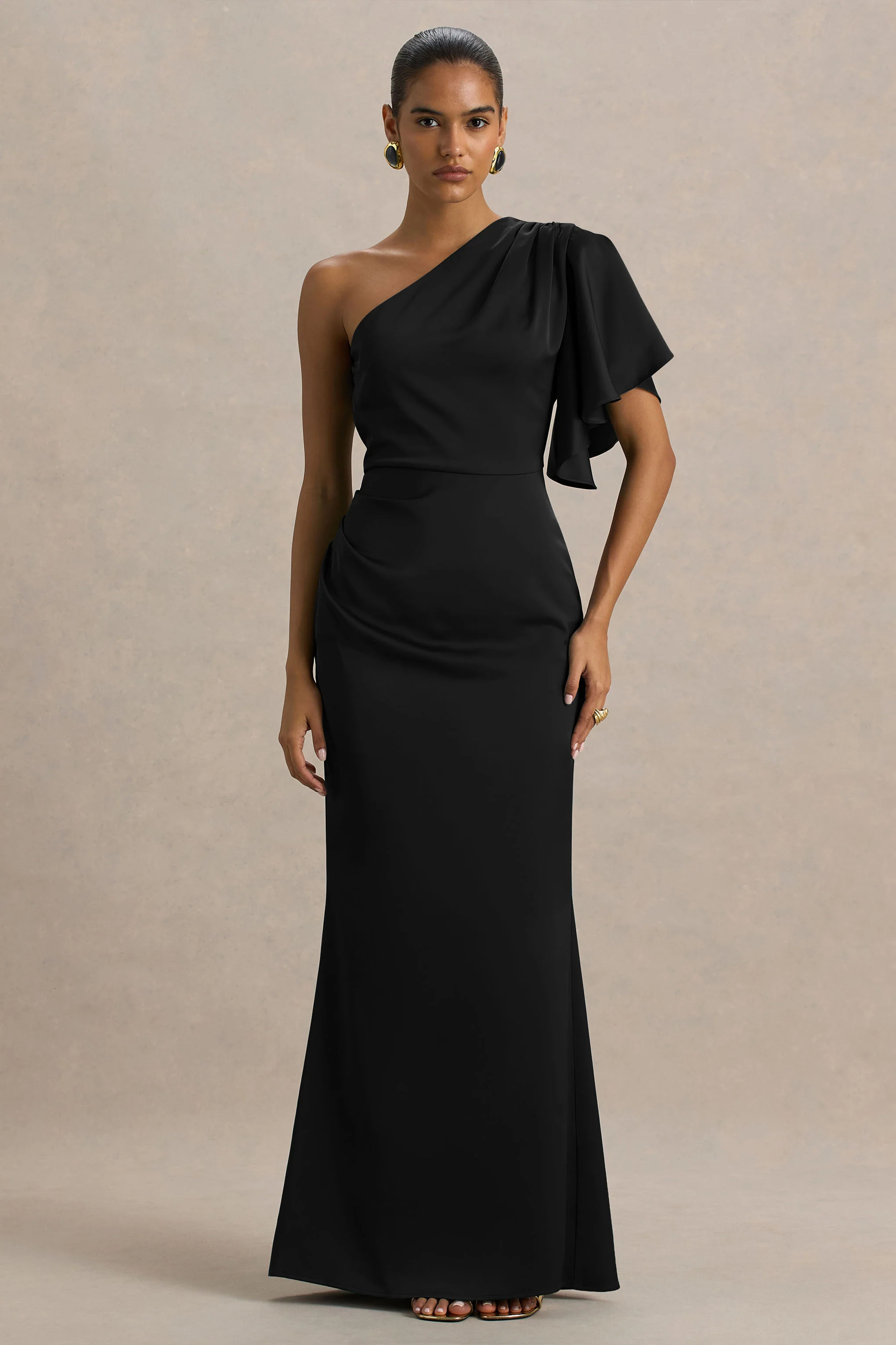 Unforgettable | Black Asymmetric-Neck Maxi Dress With Ruched Detailing