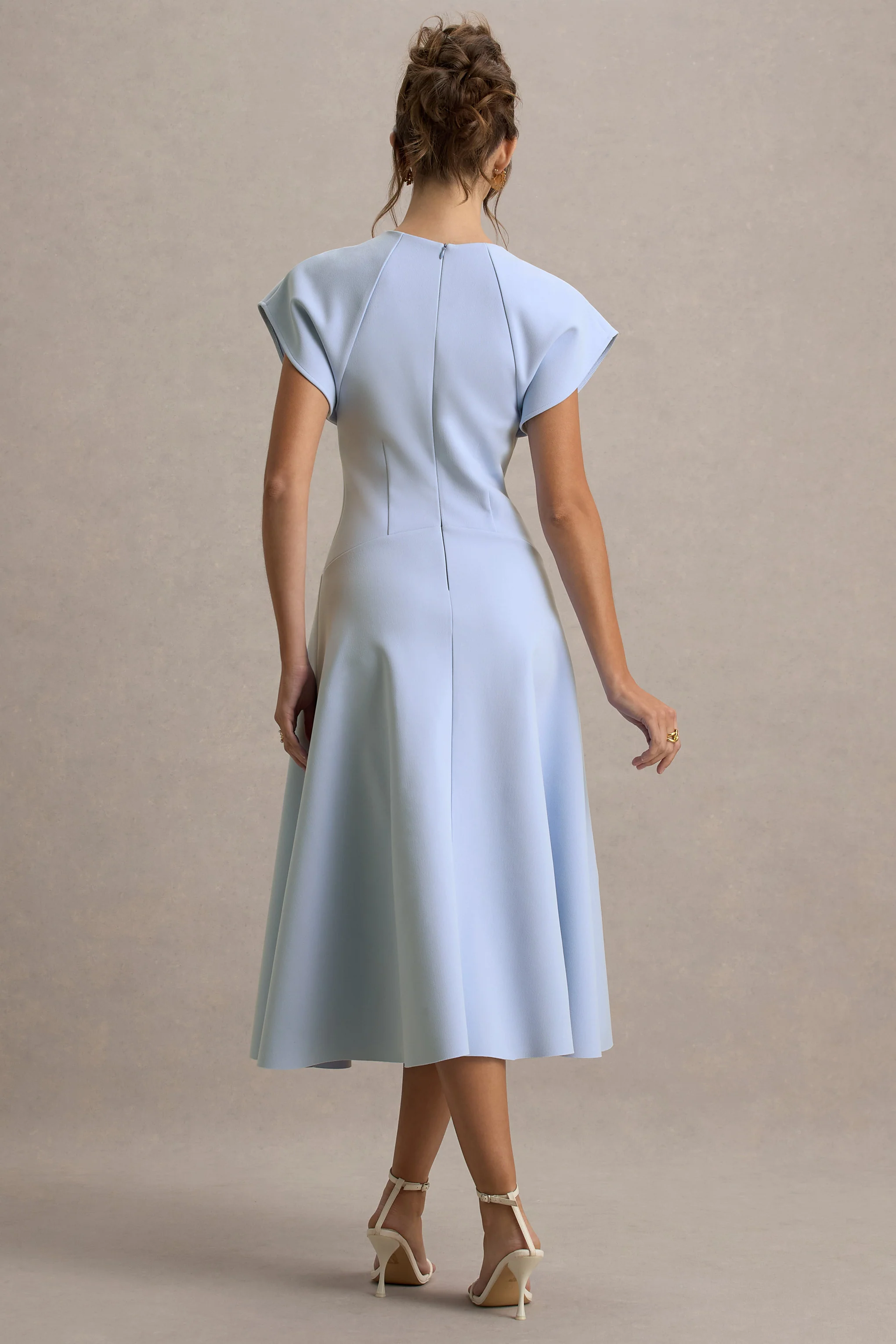 Linda | Powder Blue Crew-Neck Cap-Sleeve Midi Dress