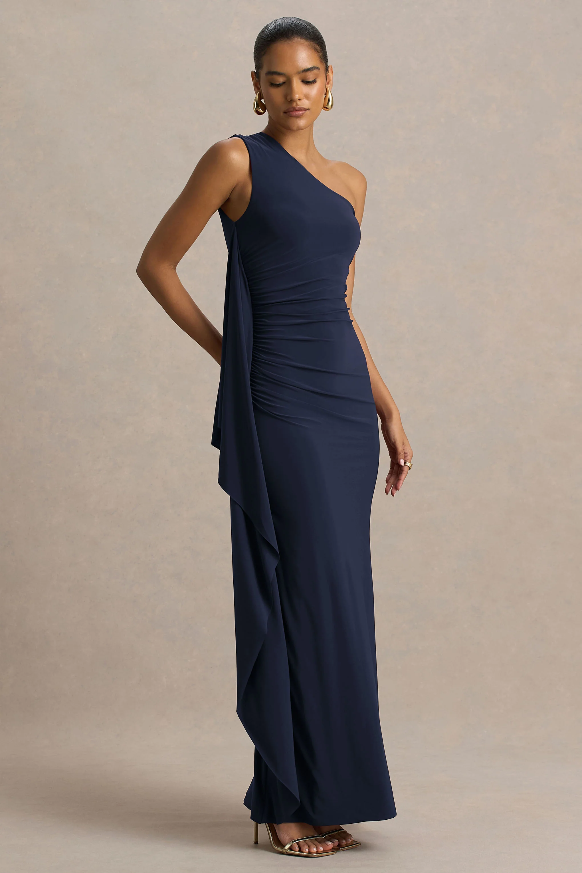 Adelina | Navy One-Shoulder Maxi Dress With Drape