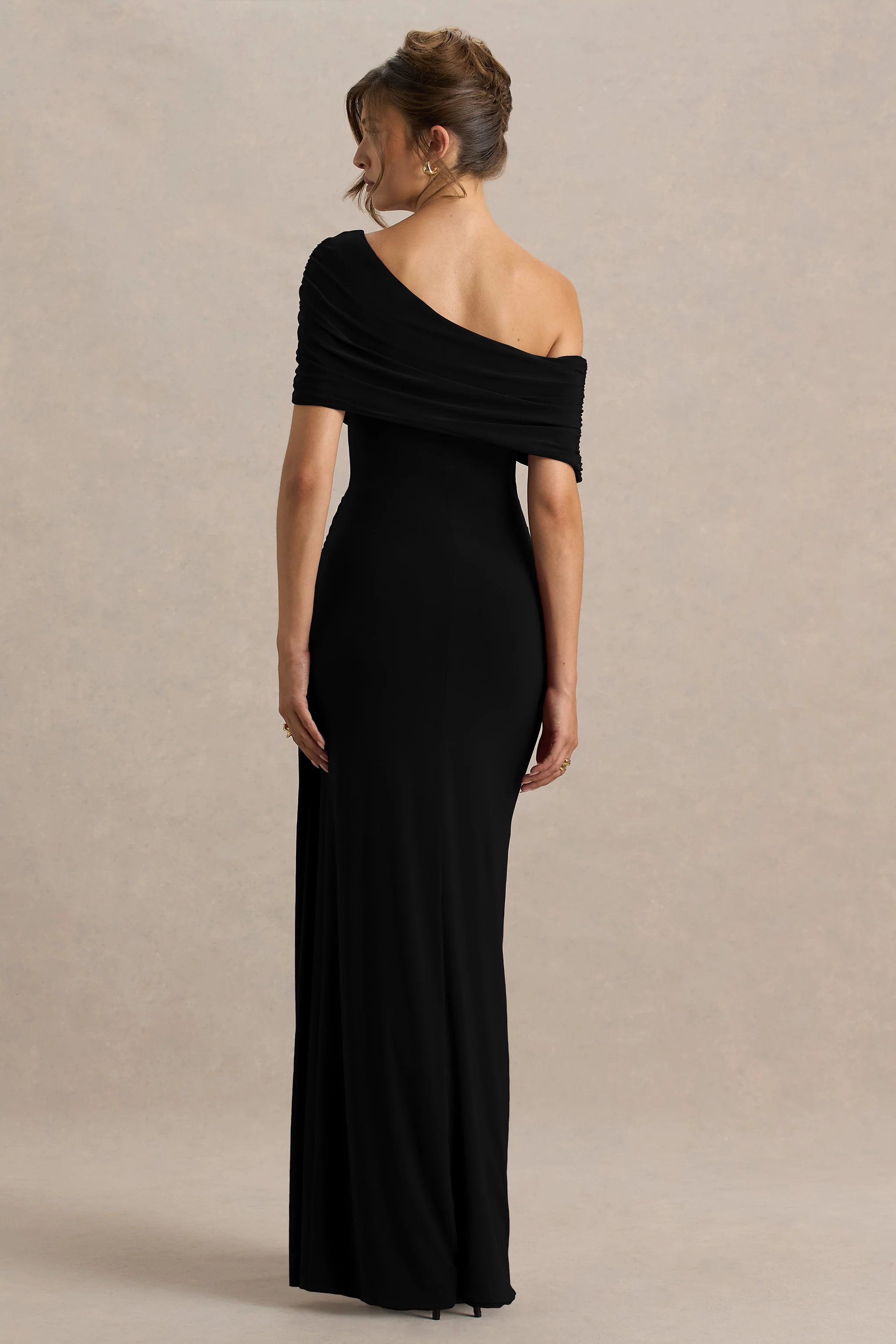 Dynasty | Black Asymmetric-Neck Maxi Dress With Ruched Detailing And Front High-Split