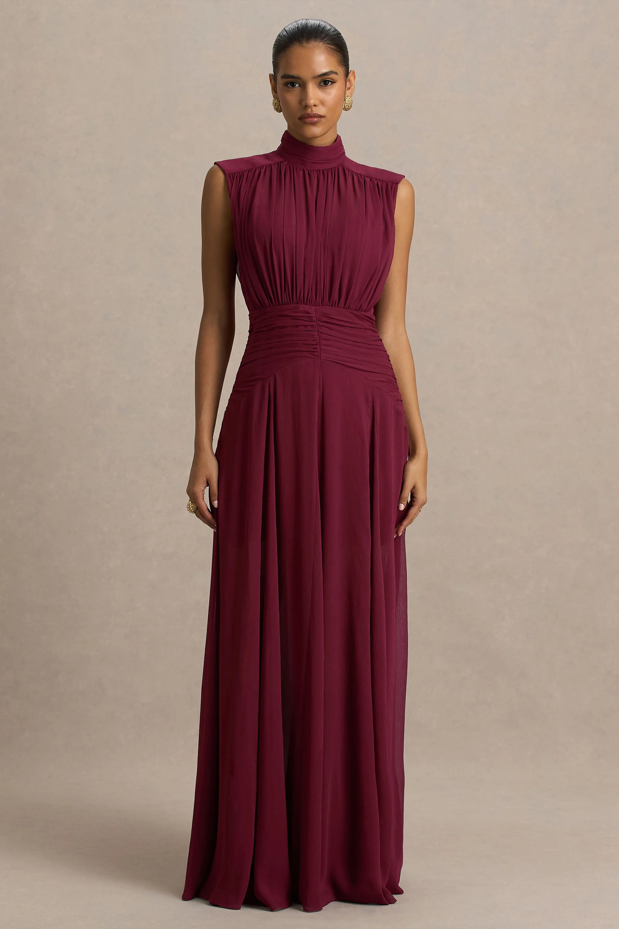 Melanina | Burgundy High-Neck Maxi Dress With Ruched Detailing