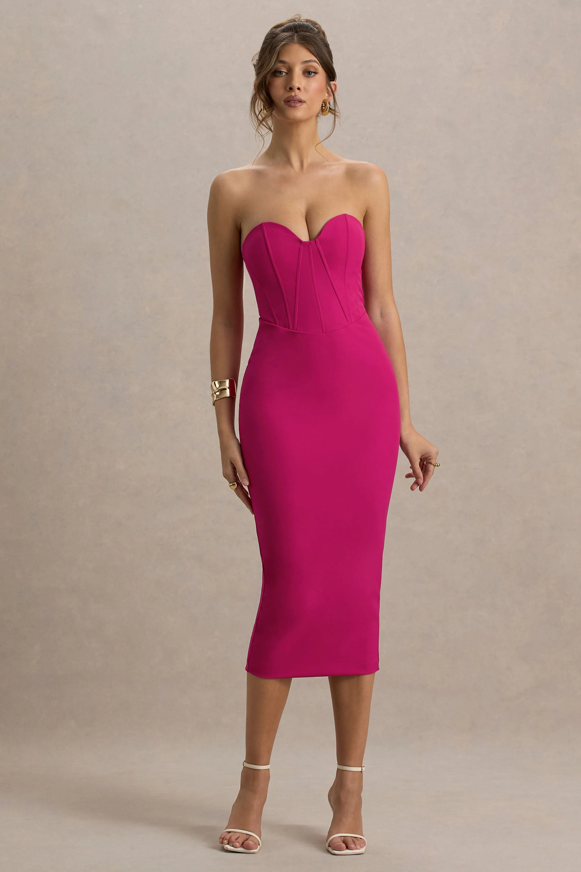 Nina | Dark Pink Structured Strapless Corset Midi Dress