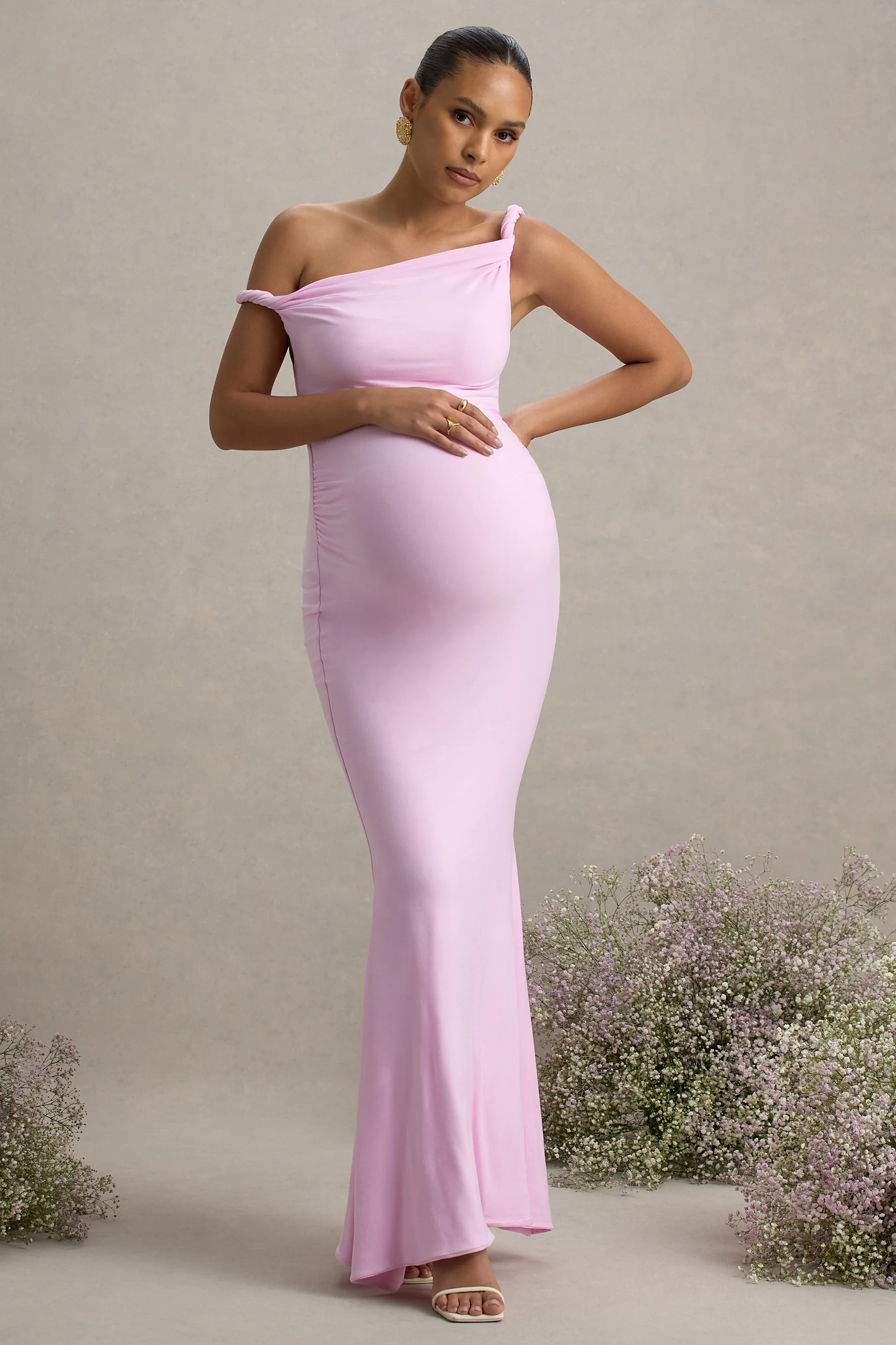 Lita | Pink Twisted Asymmetric Maternity Maxi Dress