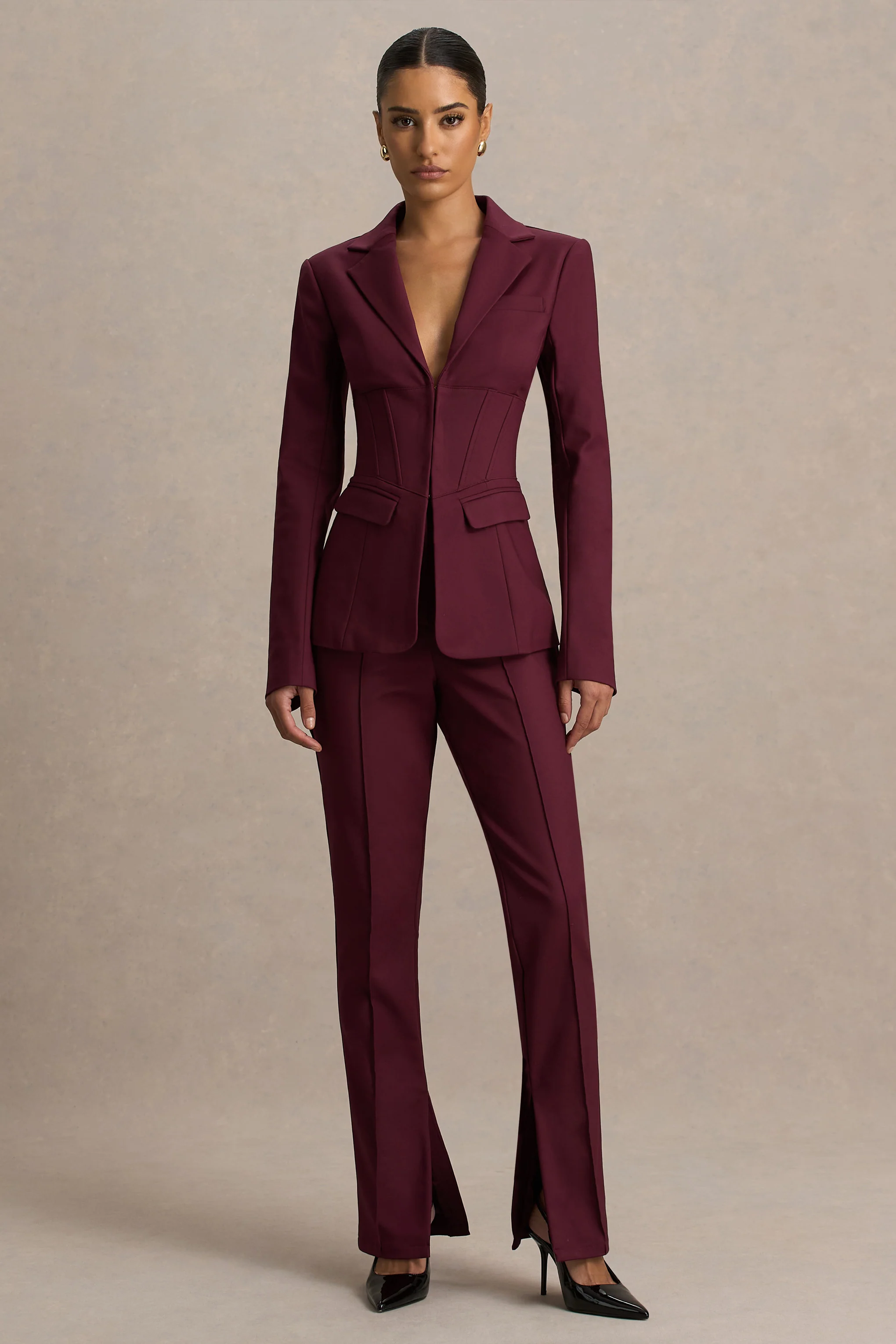 Unbeaten | Burgundy Fitted Corset Blazer Jacket