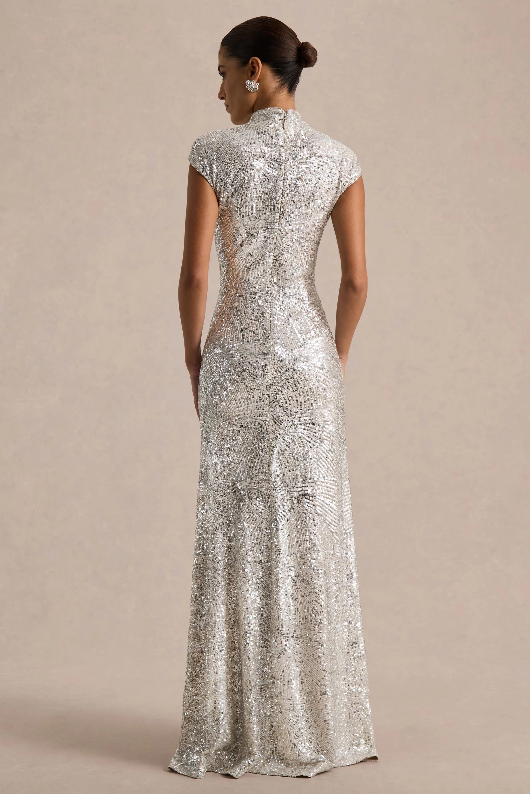 Cecy | Silver Sequin High-Neck Maxi Dress With Cap Sleeves