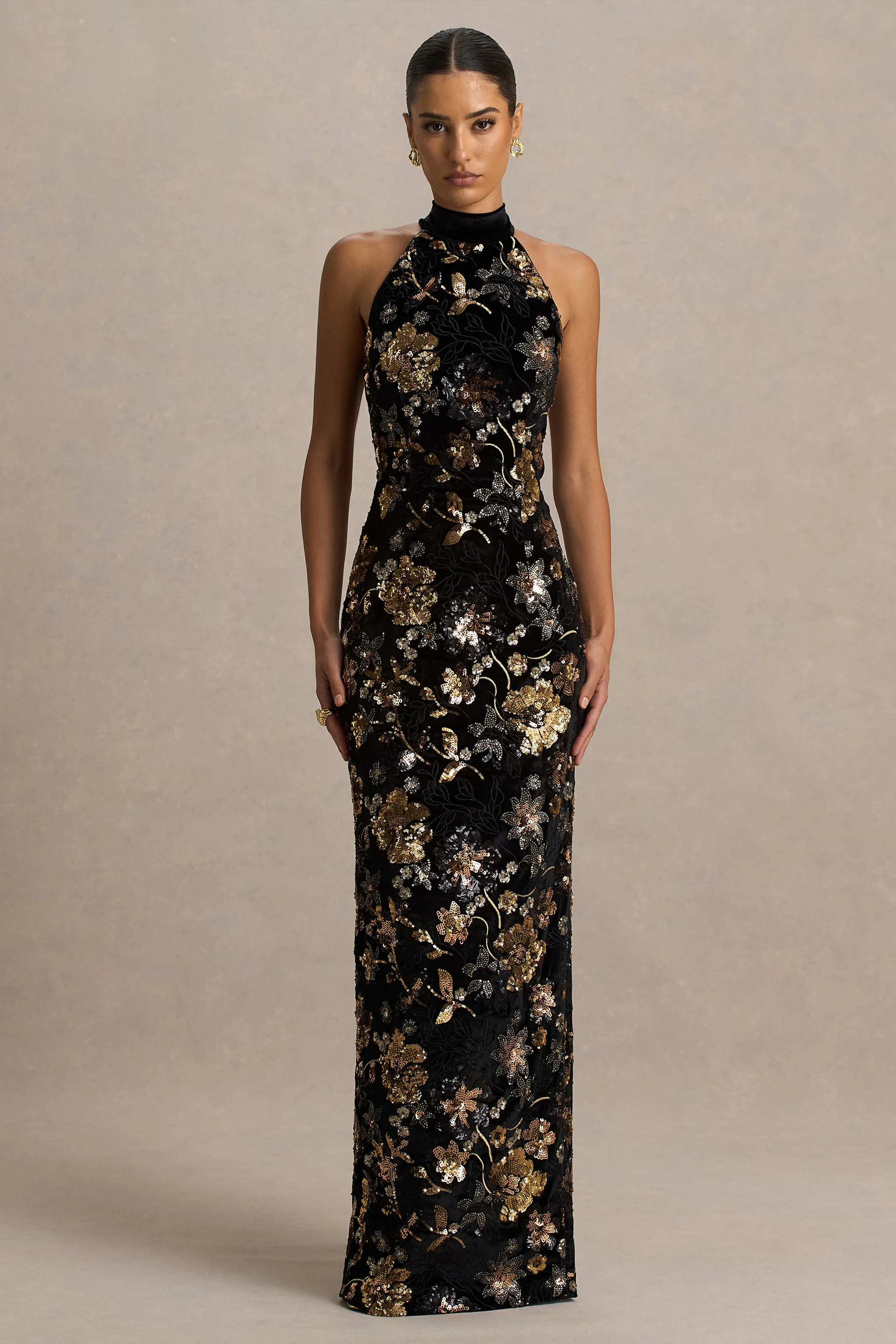 Tate | Black Velvet Halter-Neck Maxi Dress With Bronze Floral Sequin