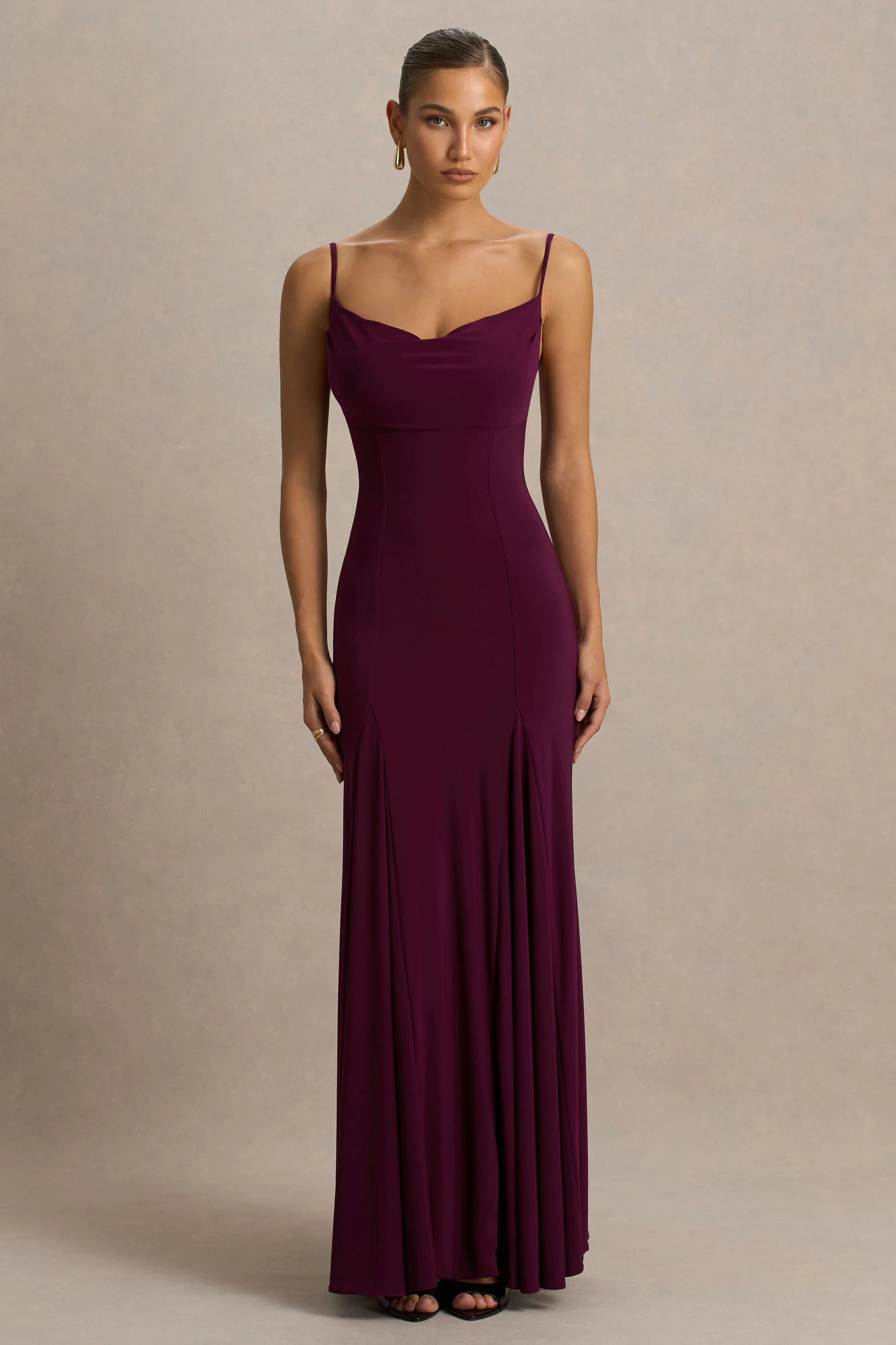 Gabbie | Burgundy Cowl-Neck Maxi Dress With Mesh Back Detail