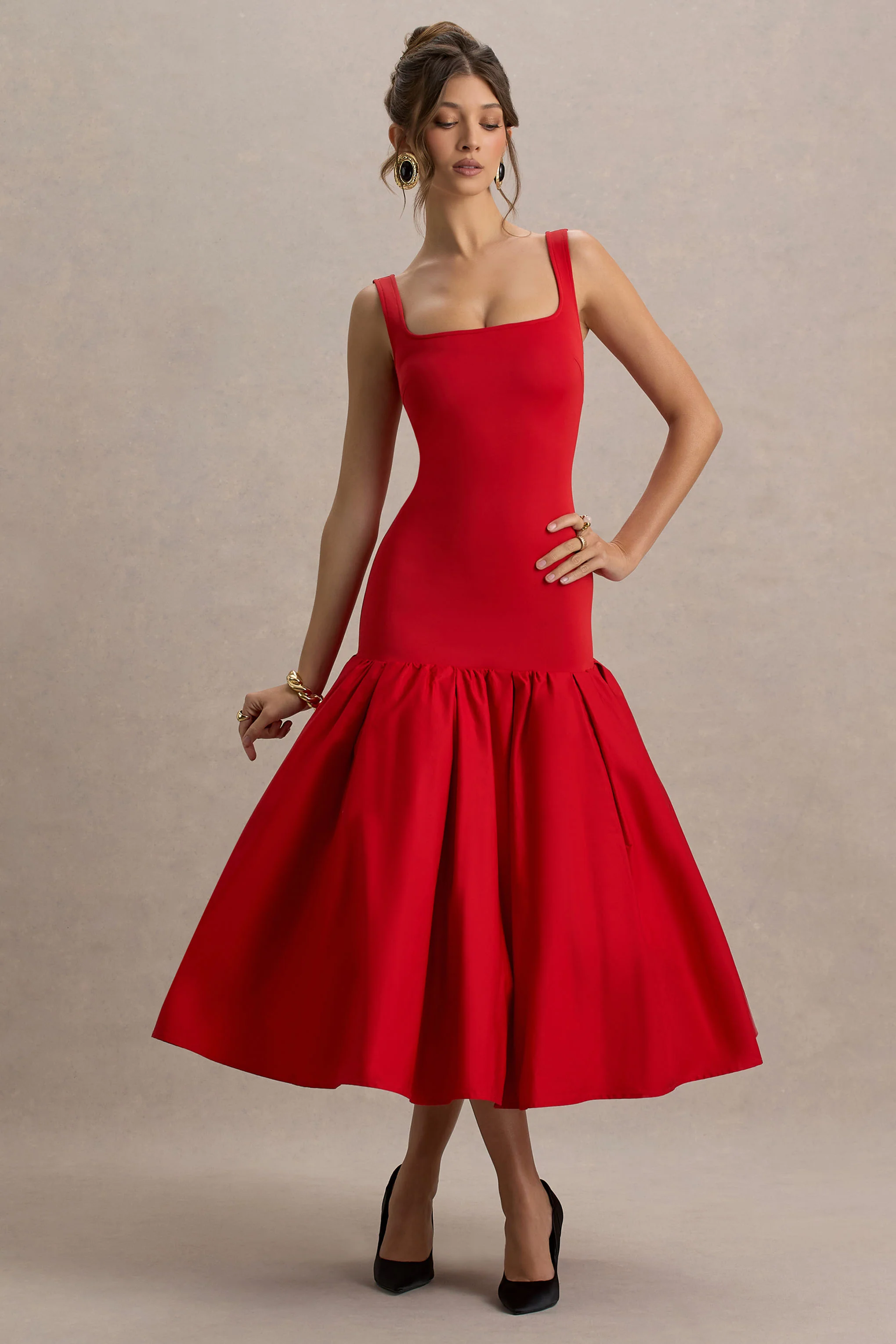 Parida | Red Poplin Drop-Waist Midi Dress With Peplum Hem