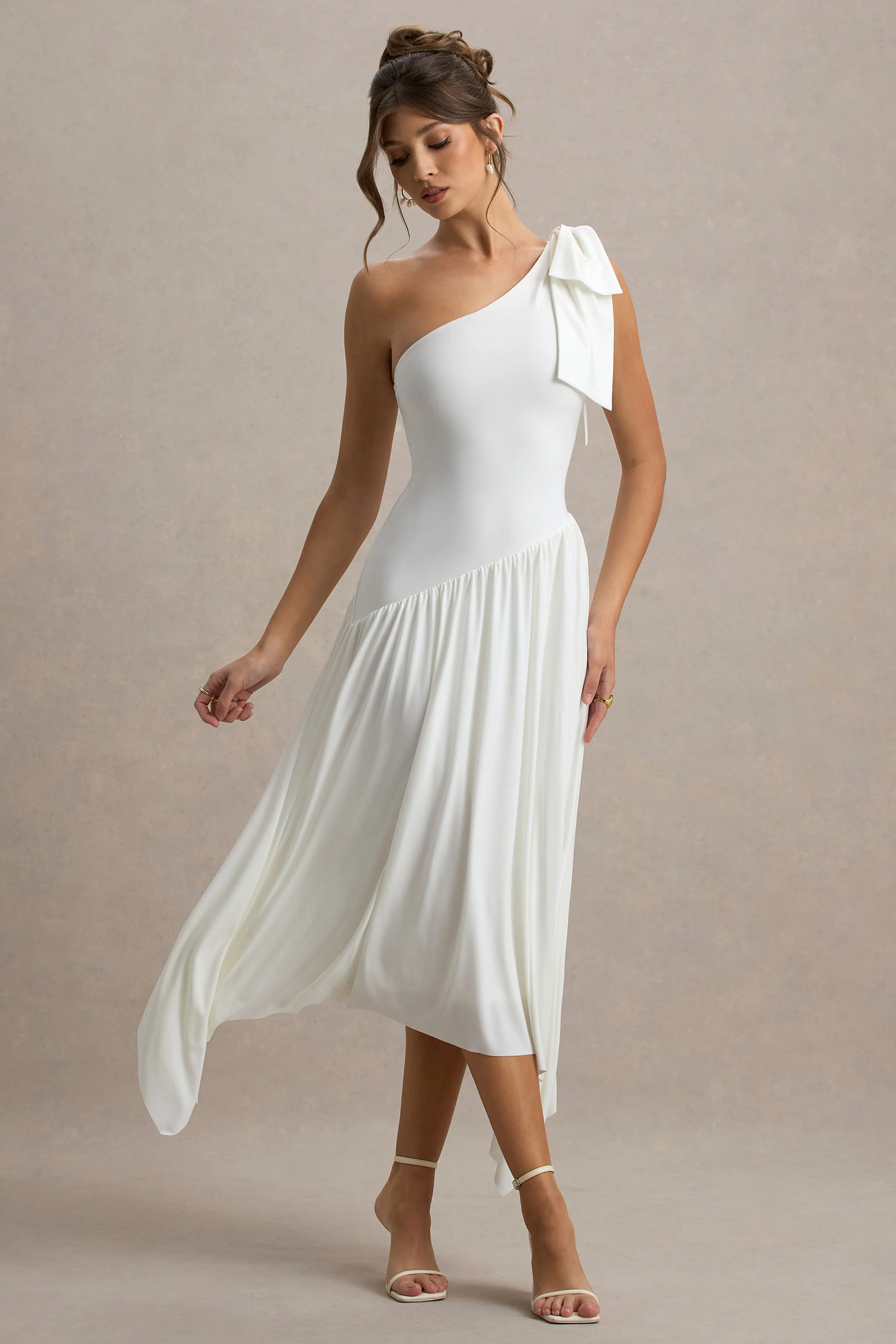Lotus Love | White One-Shoulder Hanky-Hem Maxi Dress With Bow