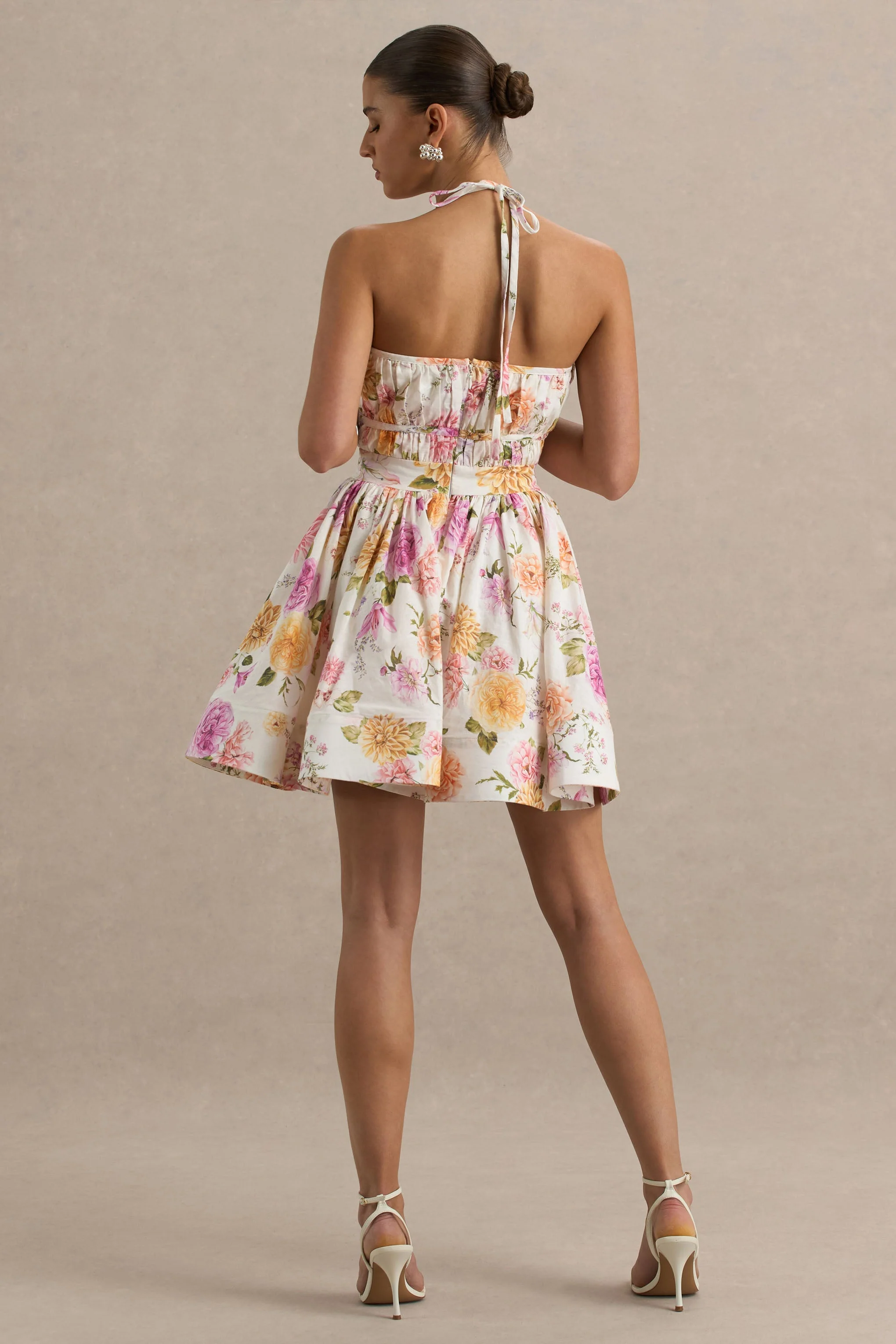 Kasey | Cream Floral Print Halter-Neck Mini Dress With Ruffle Detail