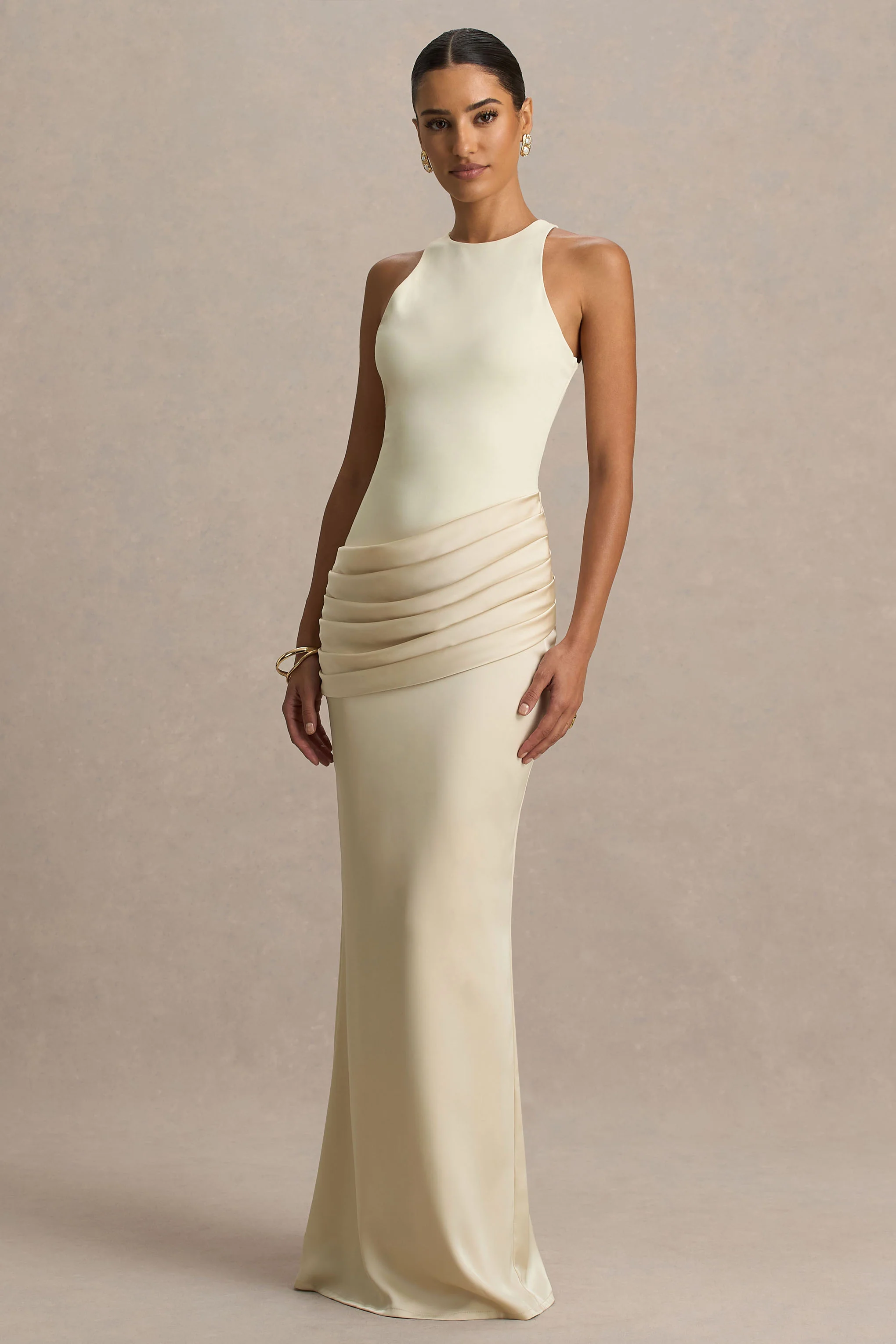 Akari | Champagne High-Neck Maxi Dress With Satin Skirt