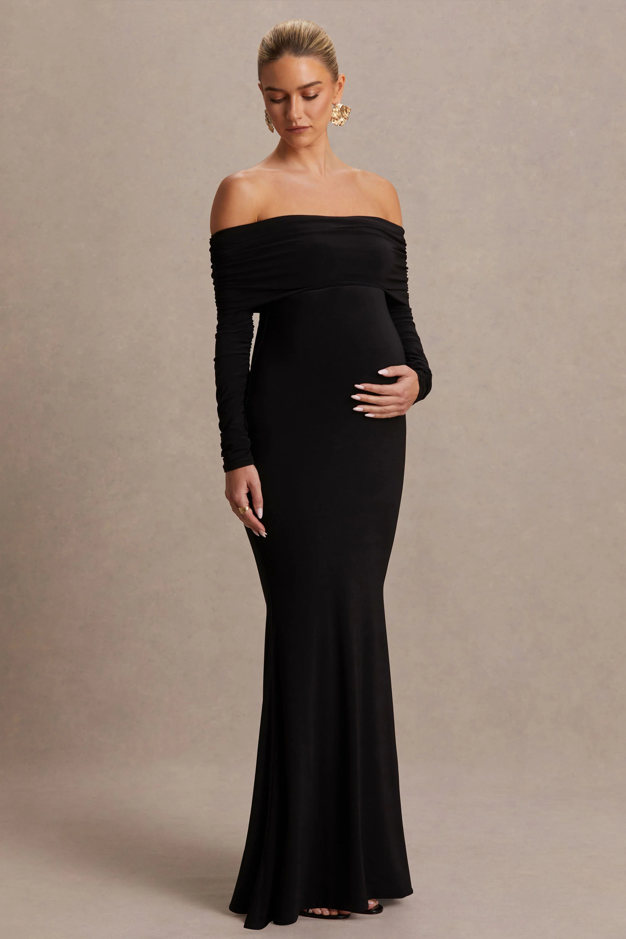 Pretty Perfect | Black Maternity Bardot-Neck Maxi Dress