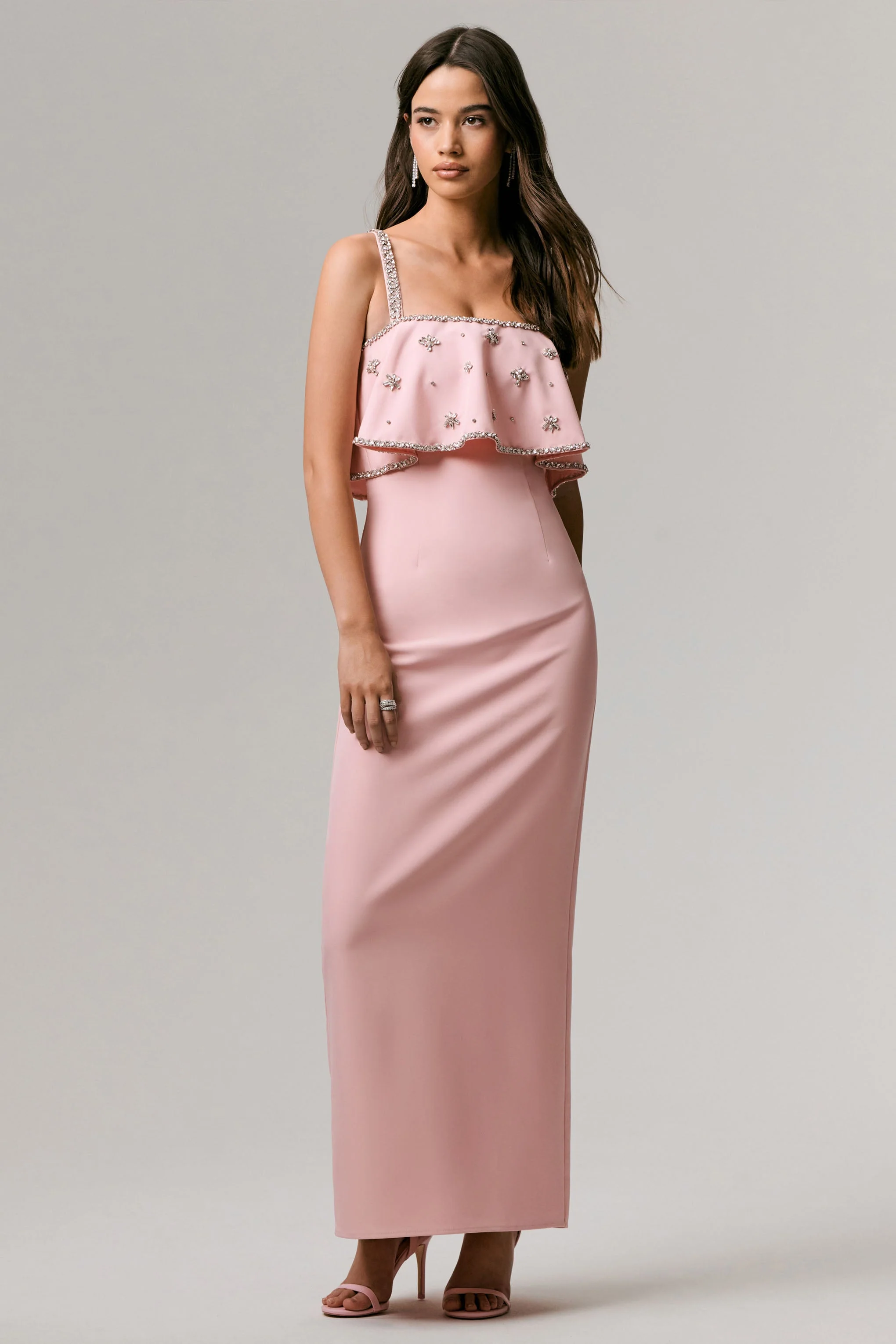 Scarlet | Pale Pink Square-Neck Embellished Maxi Dress
