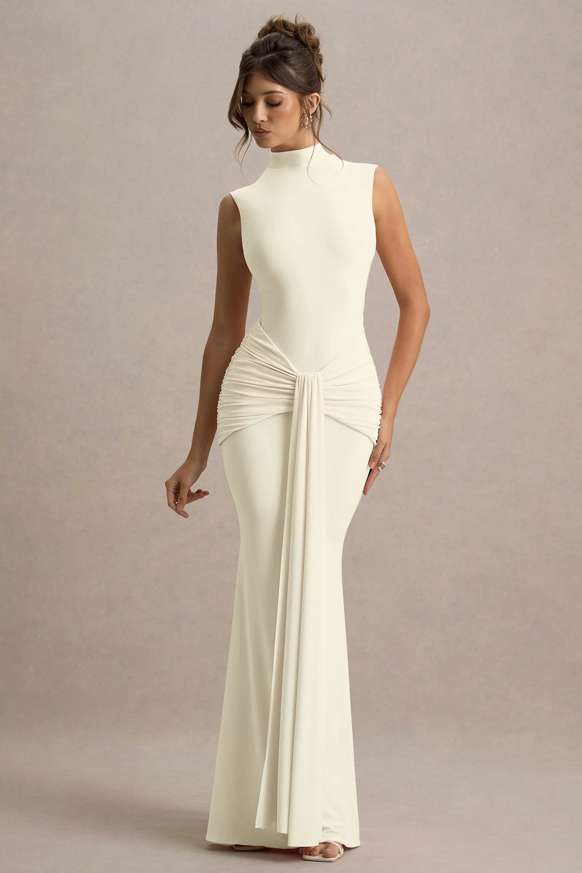 Graziana | Pale Lemon High-Neck Gathered Draped Maxi Dress