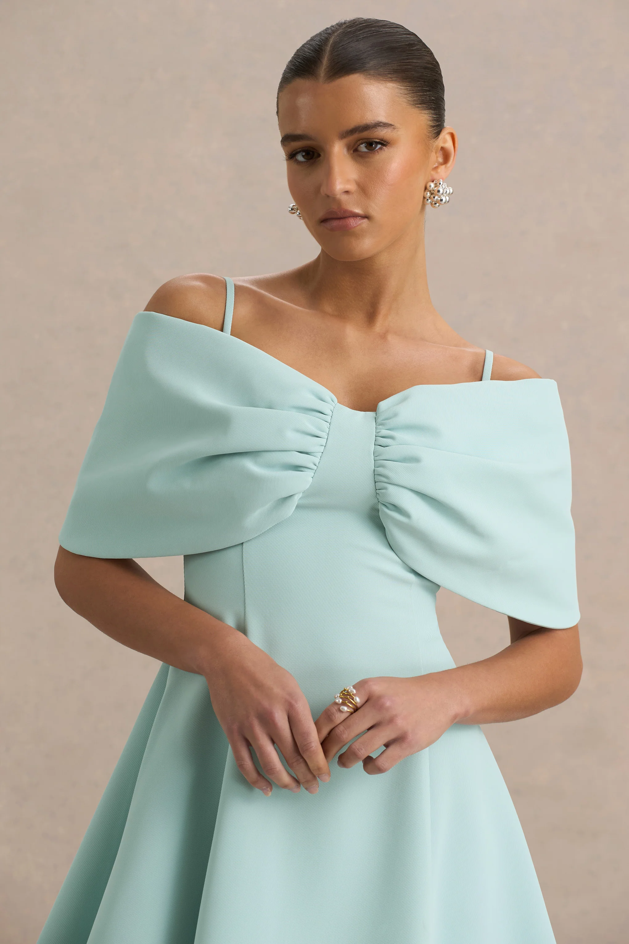 Faria | Light Blue Short-Sleeve Bardot Mini Dress With Bow Detail