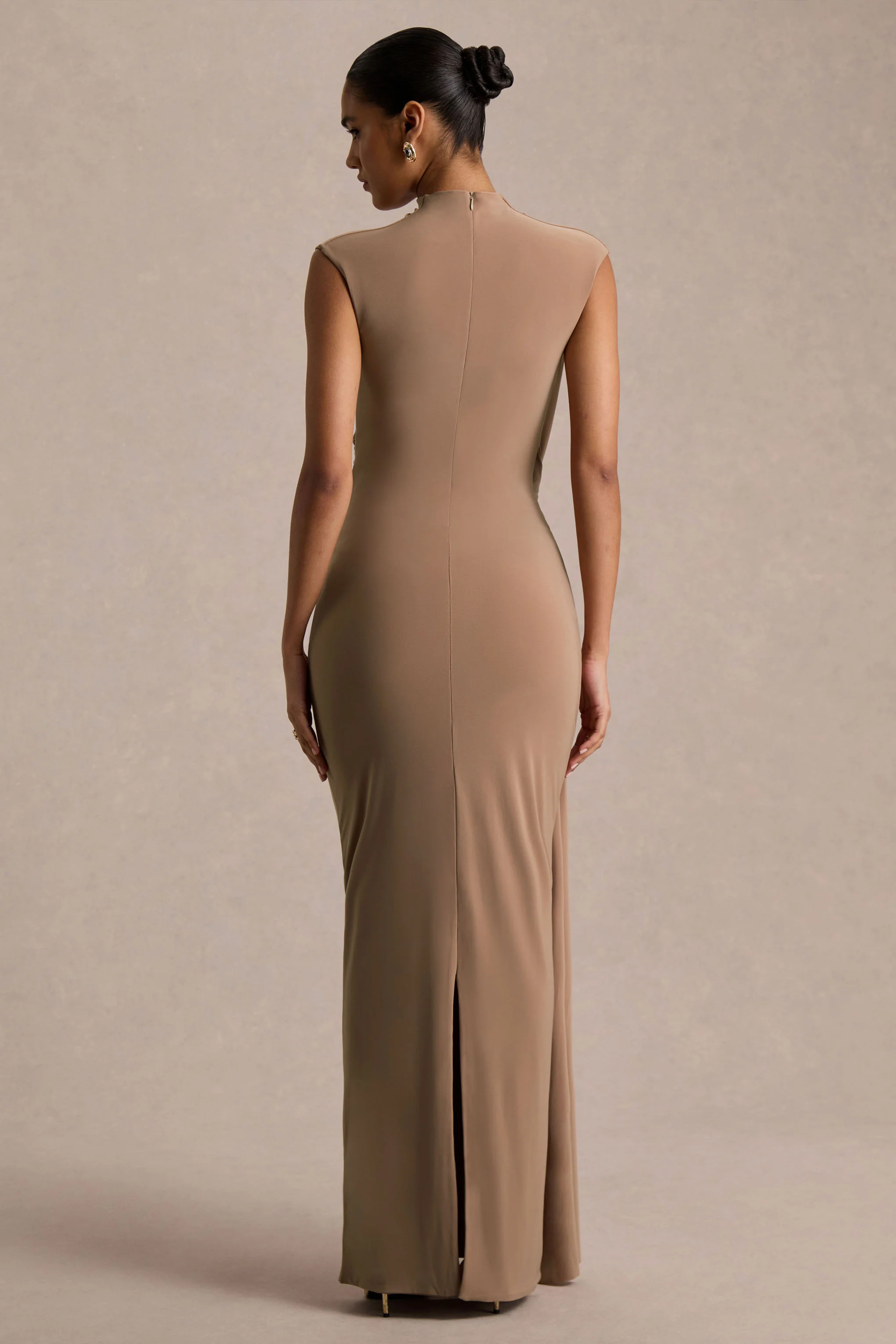 Solene | Brown High-Neck Maxi Dress With Wrap And Drape Detail