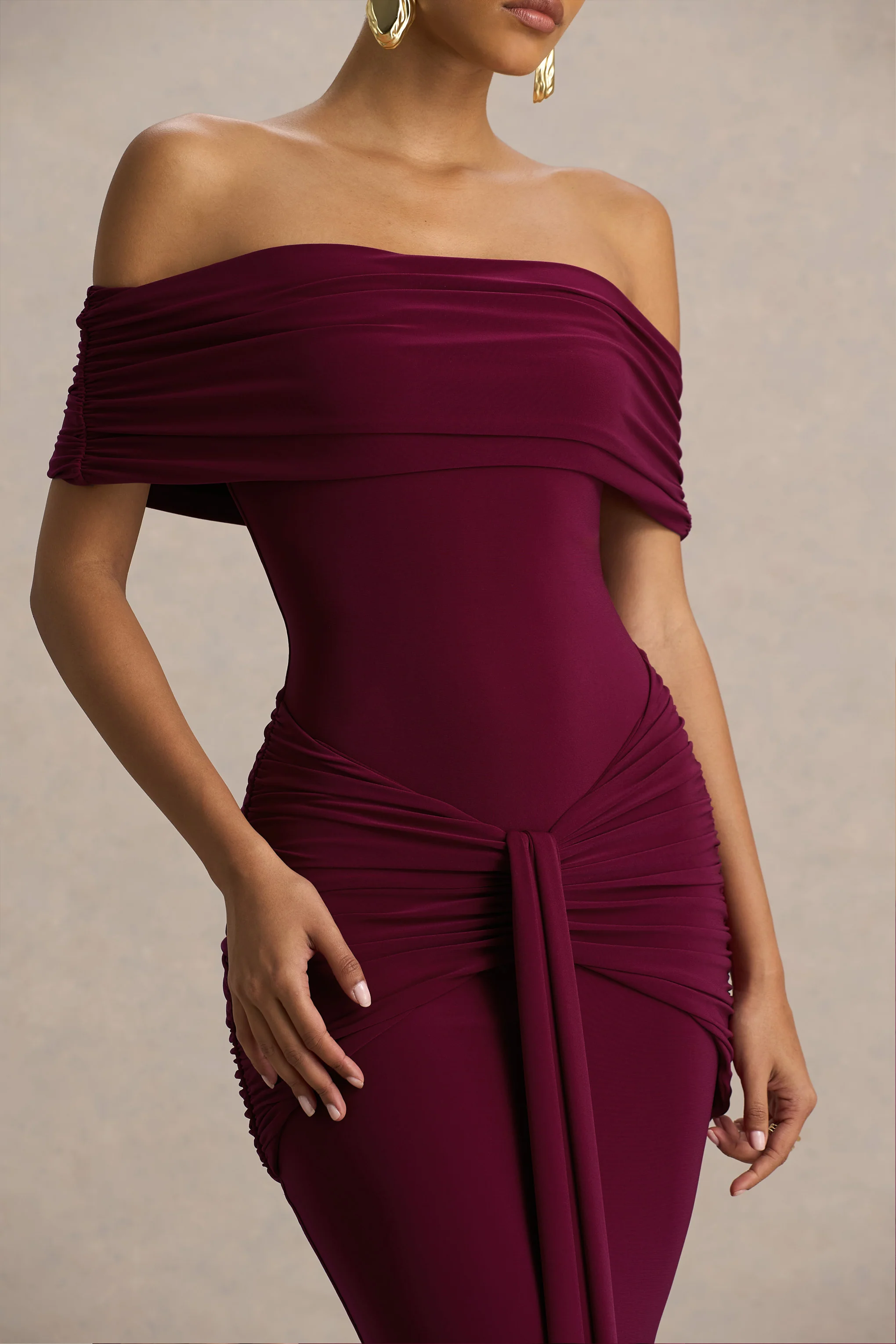 Envisioned | Burgundy Bardot-Neck Maxi Dress With Gathered And Drape Detail