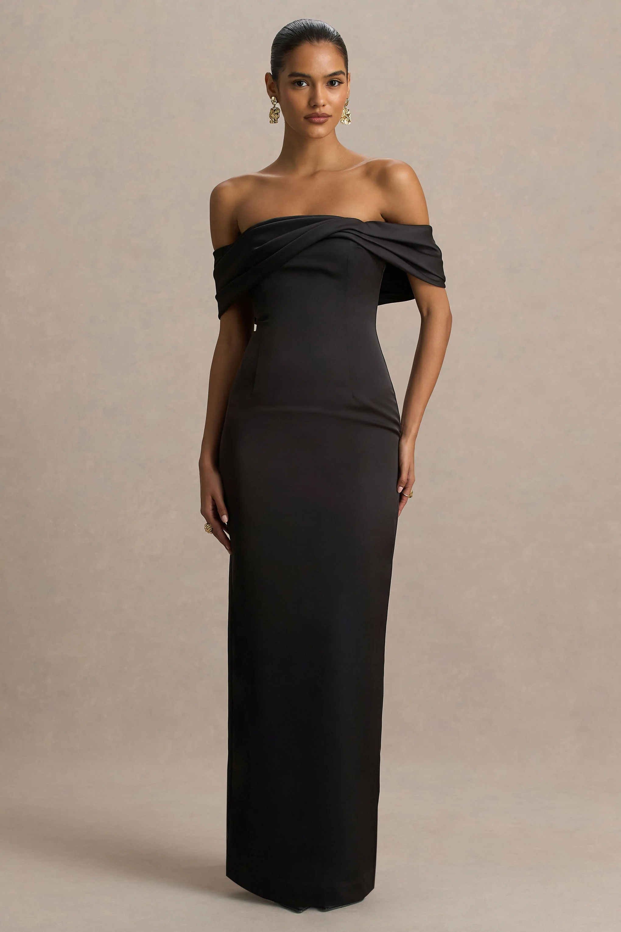 Valeria | Black Satin Twist-Bardot Neck Maxi Dress