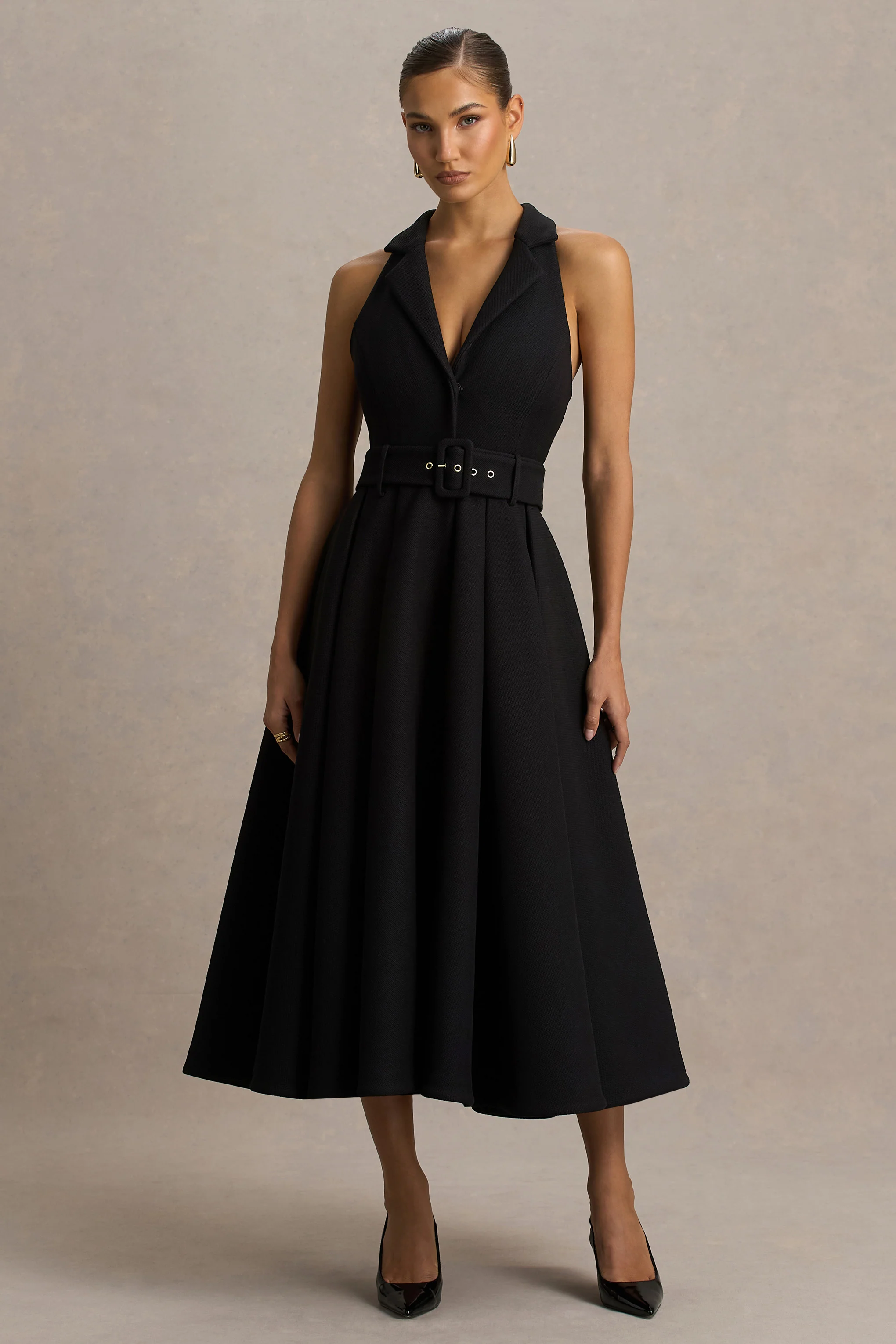 Alessa | Black Plunge-Neck Tailored Midi Dress