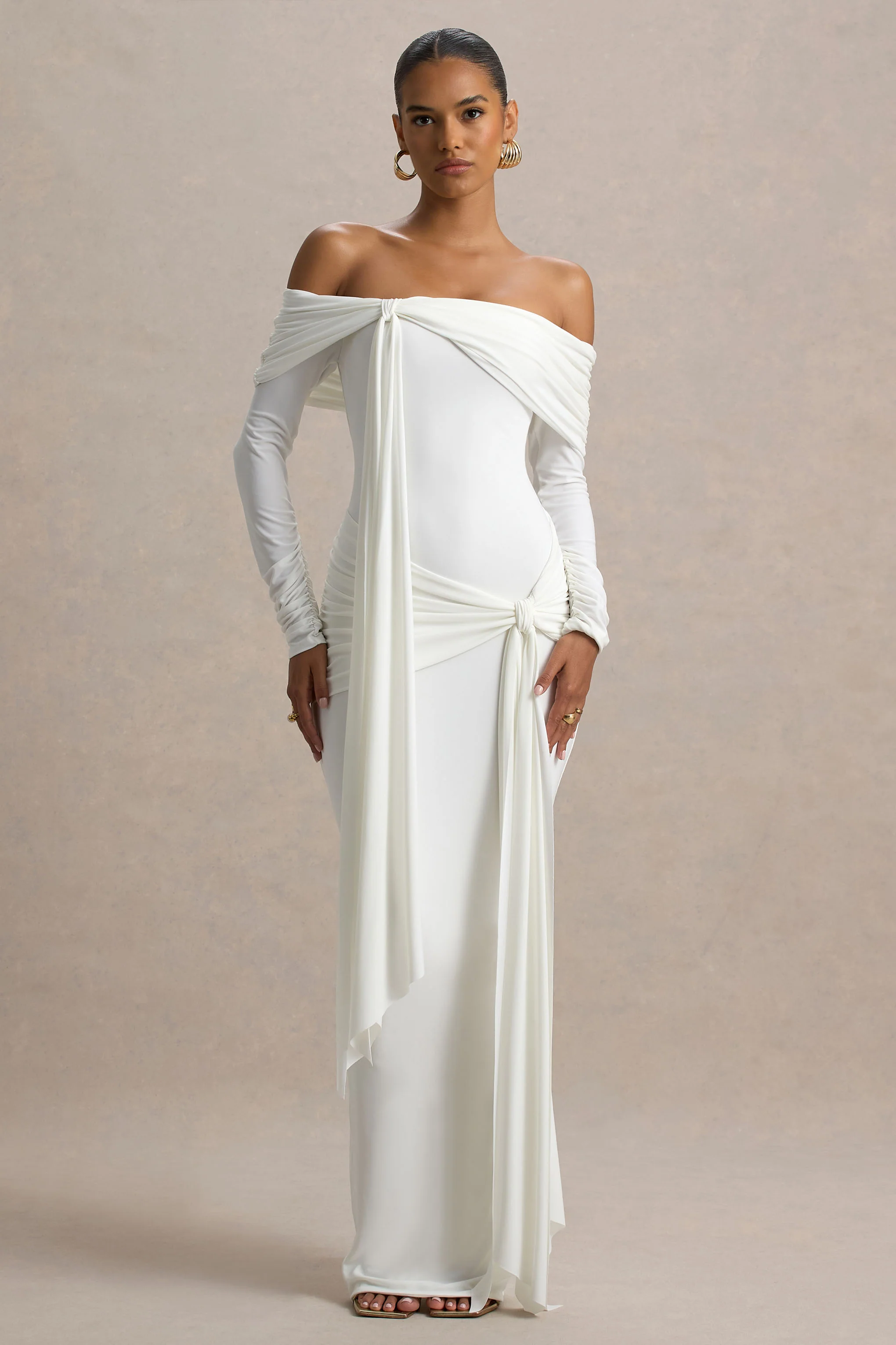 Jovie | White Bardot Wrap Maxi Dress With Sash Detail