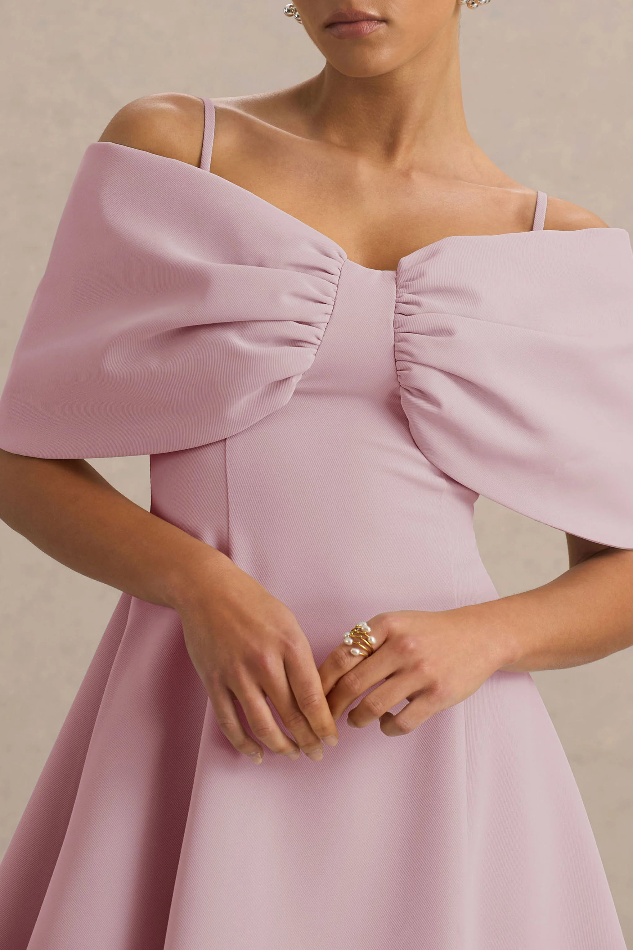 Faria | Blush Pink Short-Sleeve Bardot Mini Dress With Bow Detail