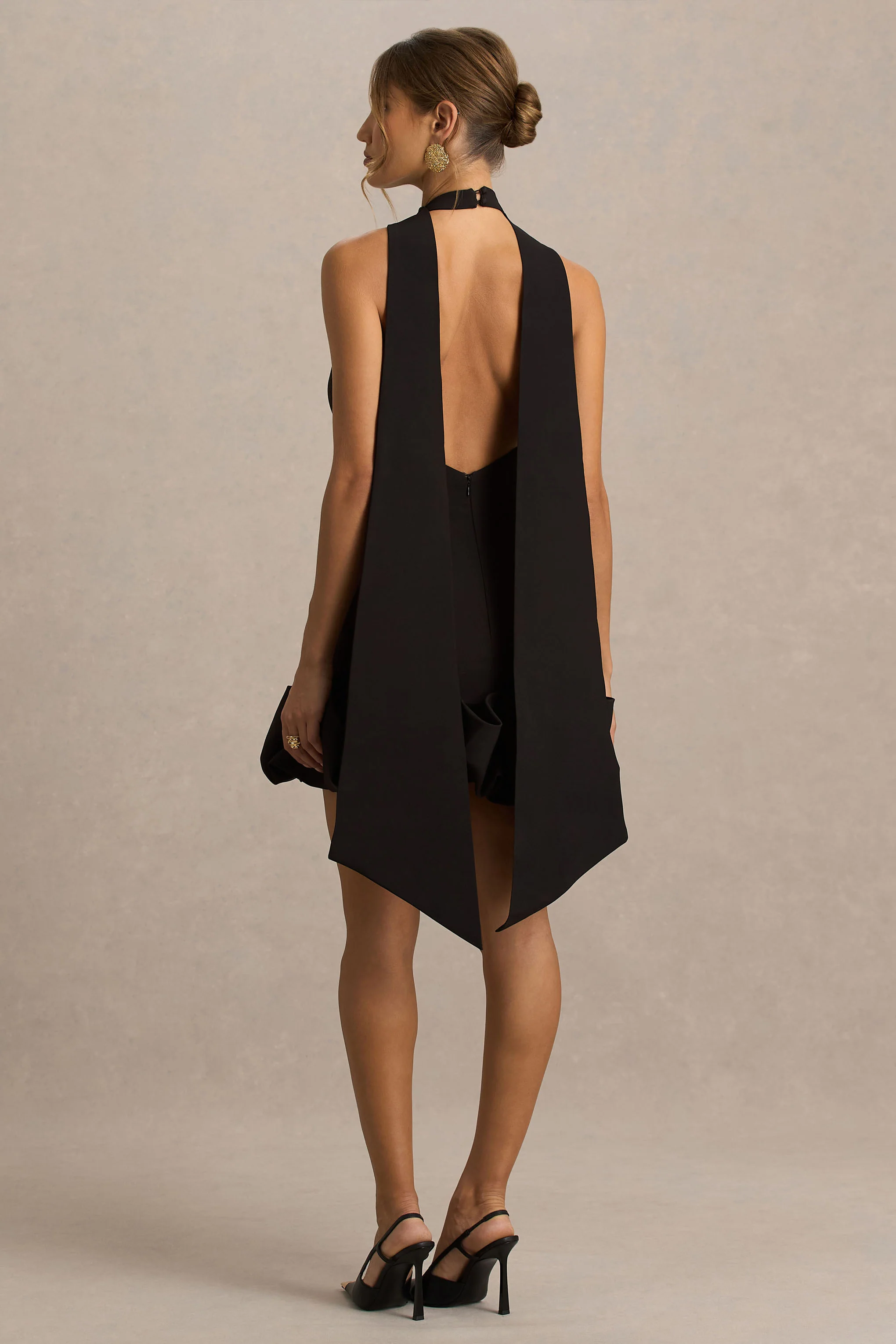 Geneve | Black Halter-Neck Mini Dress With Ruffled Trim