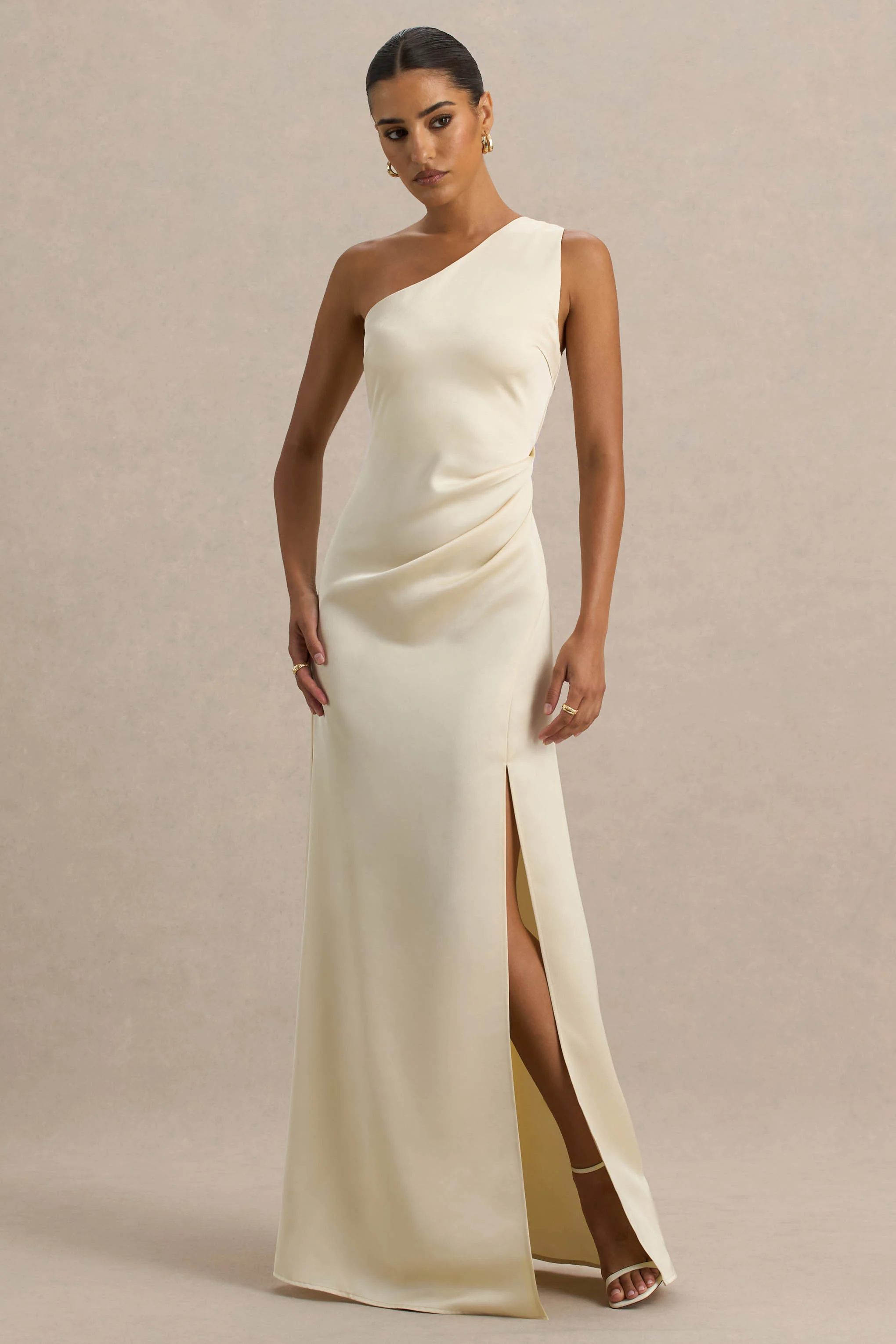 Beth | Pale Lemon Asymmetric Neckline High-Split Maxi Dress