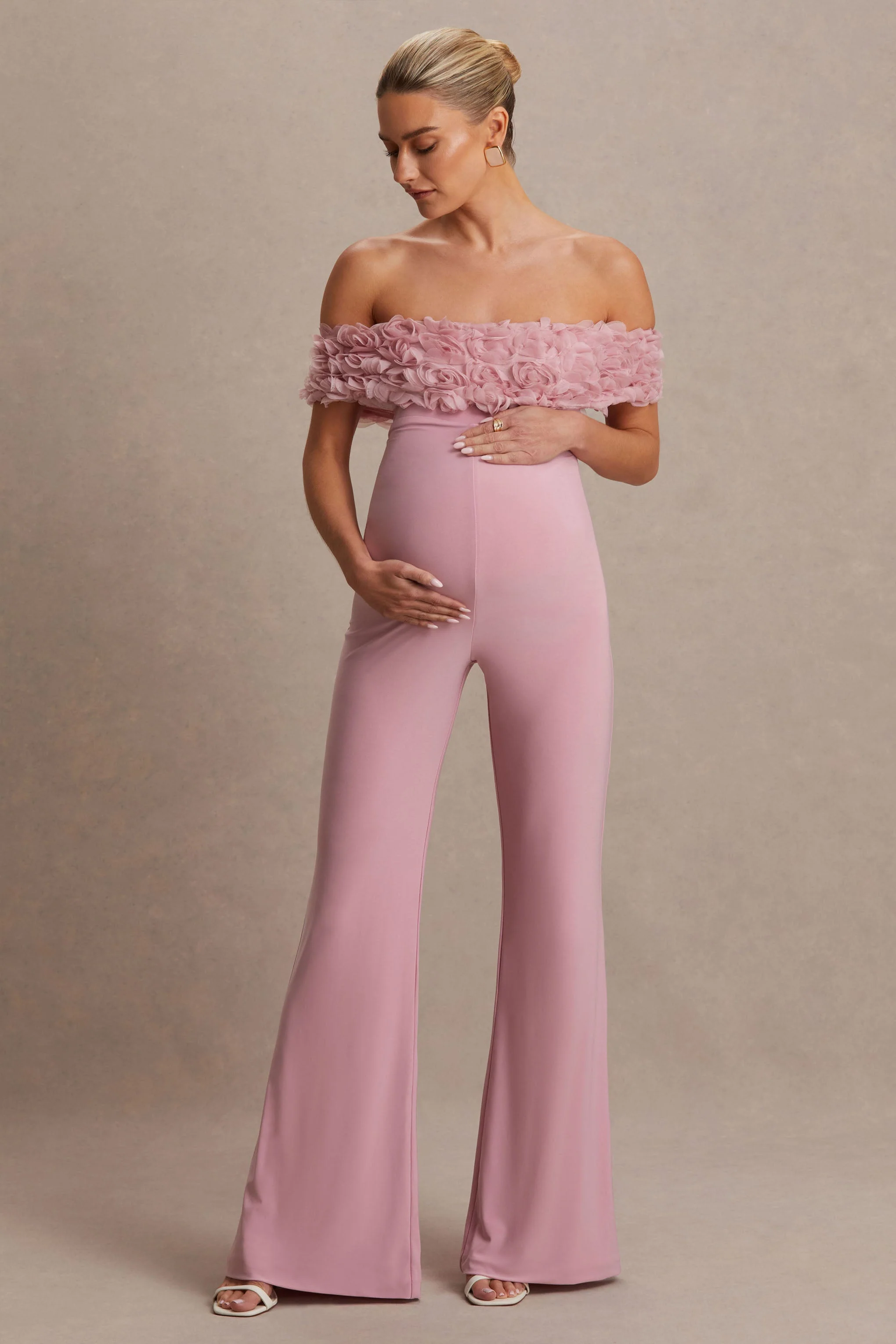 Sallow | Pink Floral Bardot Maternity Jumpsuit