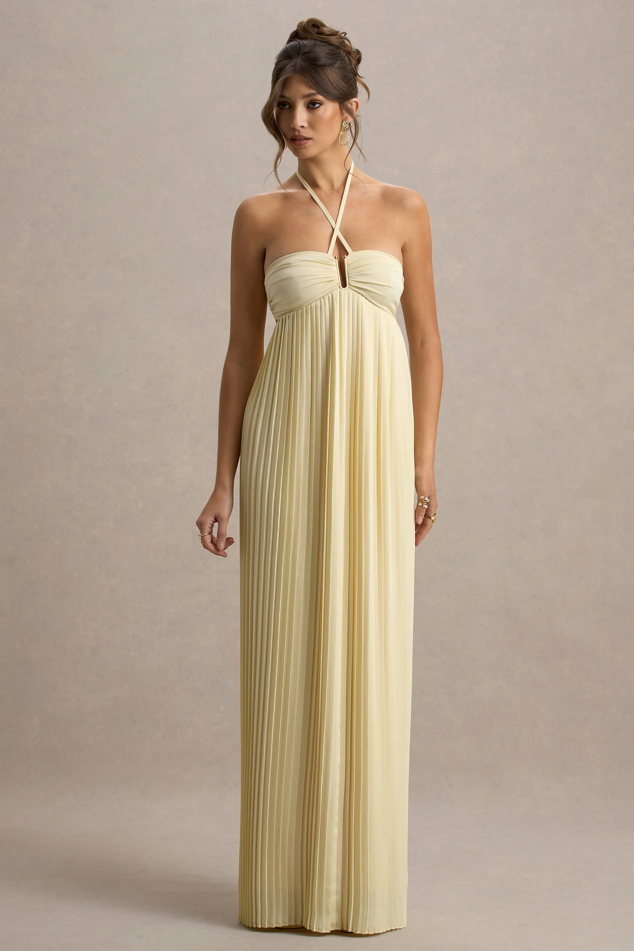 Elayne | Pale Lemon Halter-Neck Maxi Dress With Cut-Out Detail