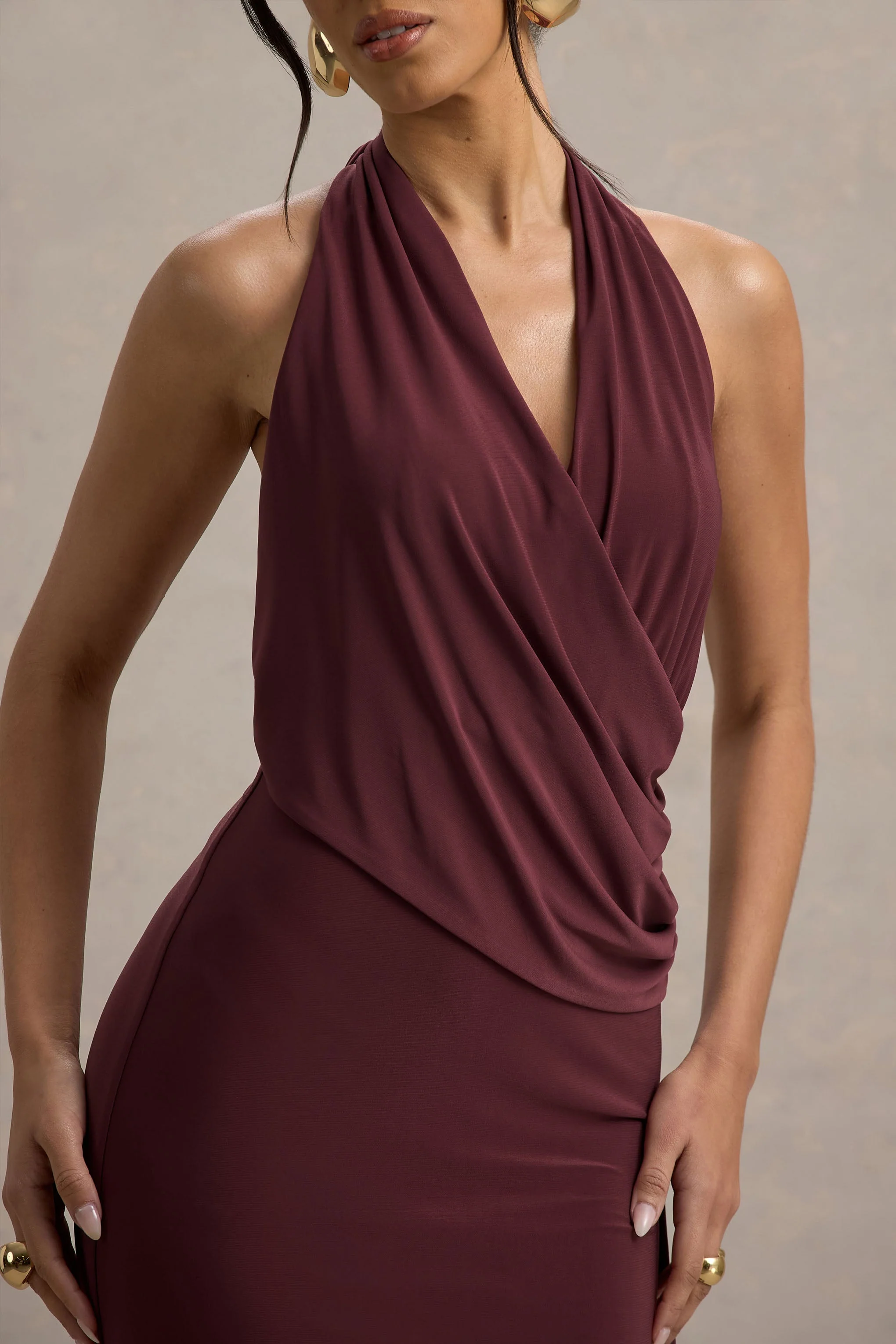 Rosina | Burgundy Halter-Neck Draped Maxi Dress With Sash