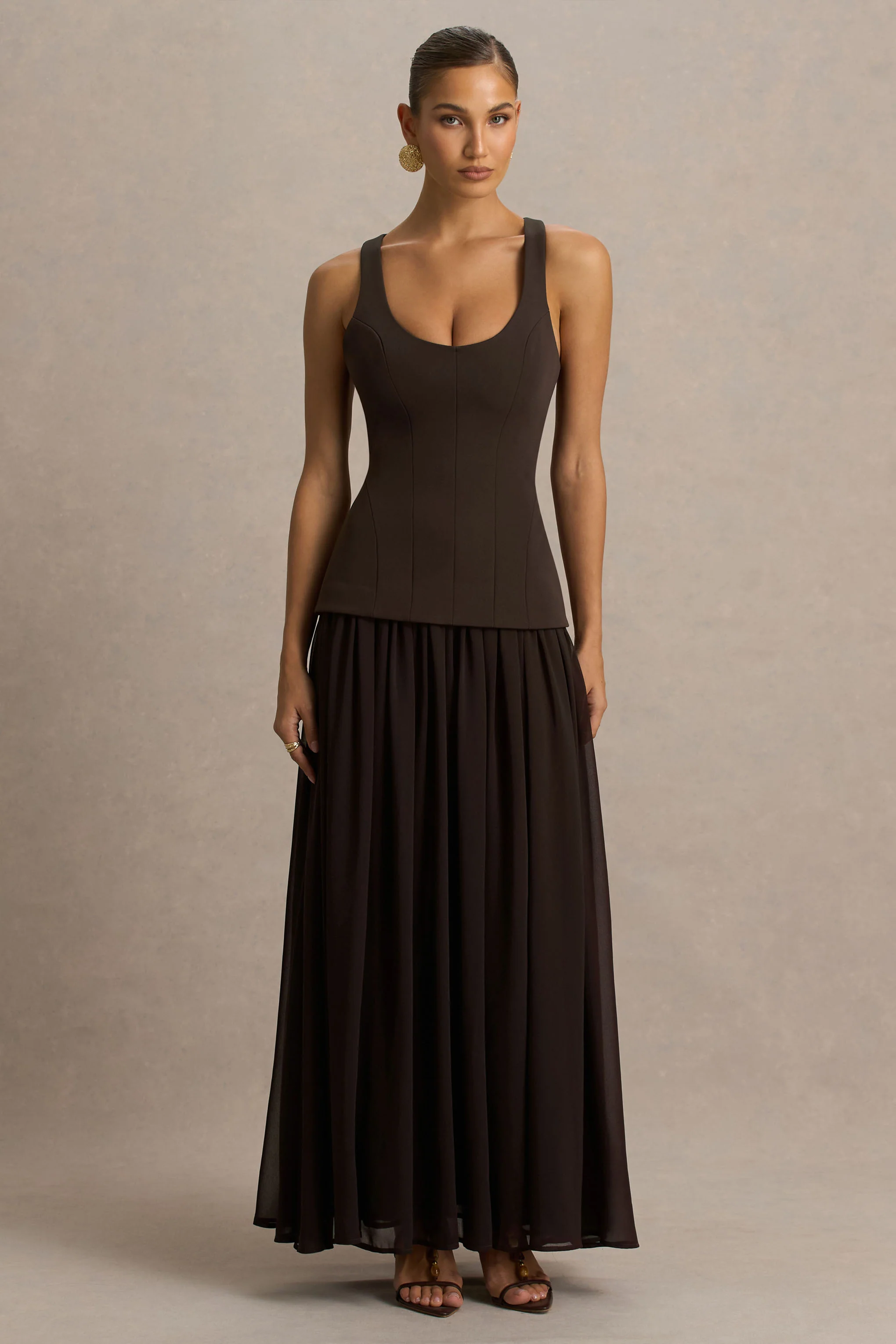 Kelly | Brown Scoop-Neck Maxi Dress With Mesh And Pleated Detailing