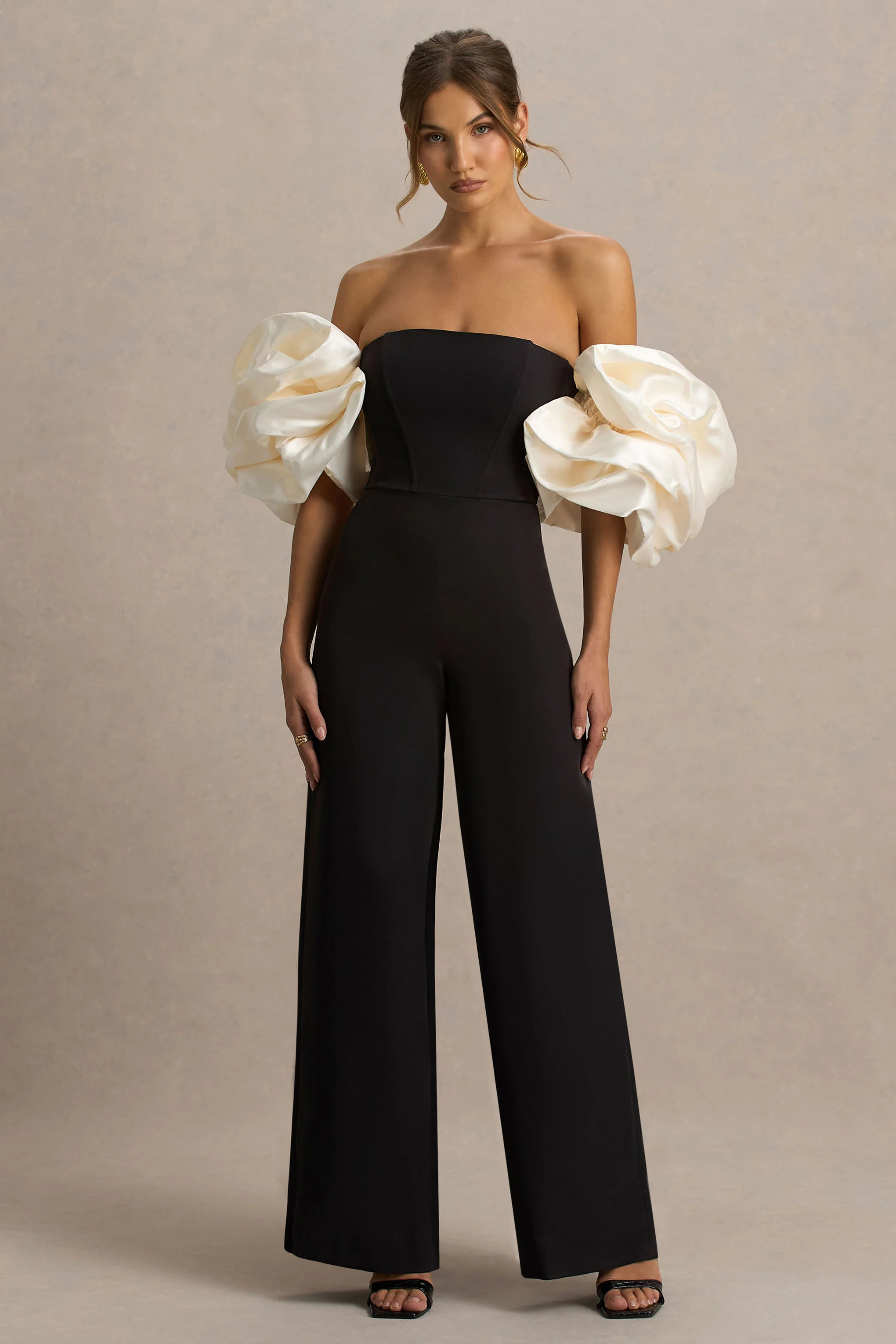 Panama | Black Bardot Jumpsuit With Cream Puff Sleeves