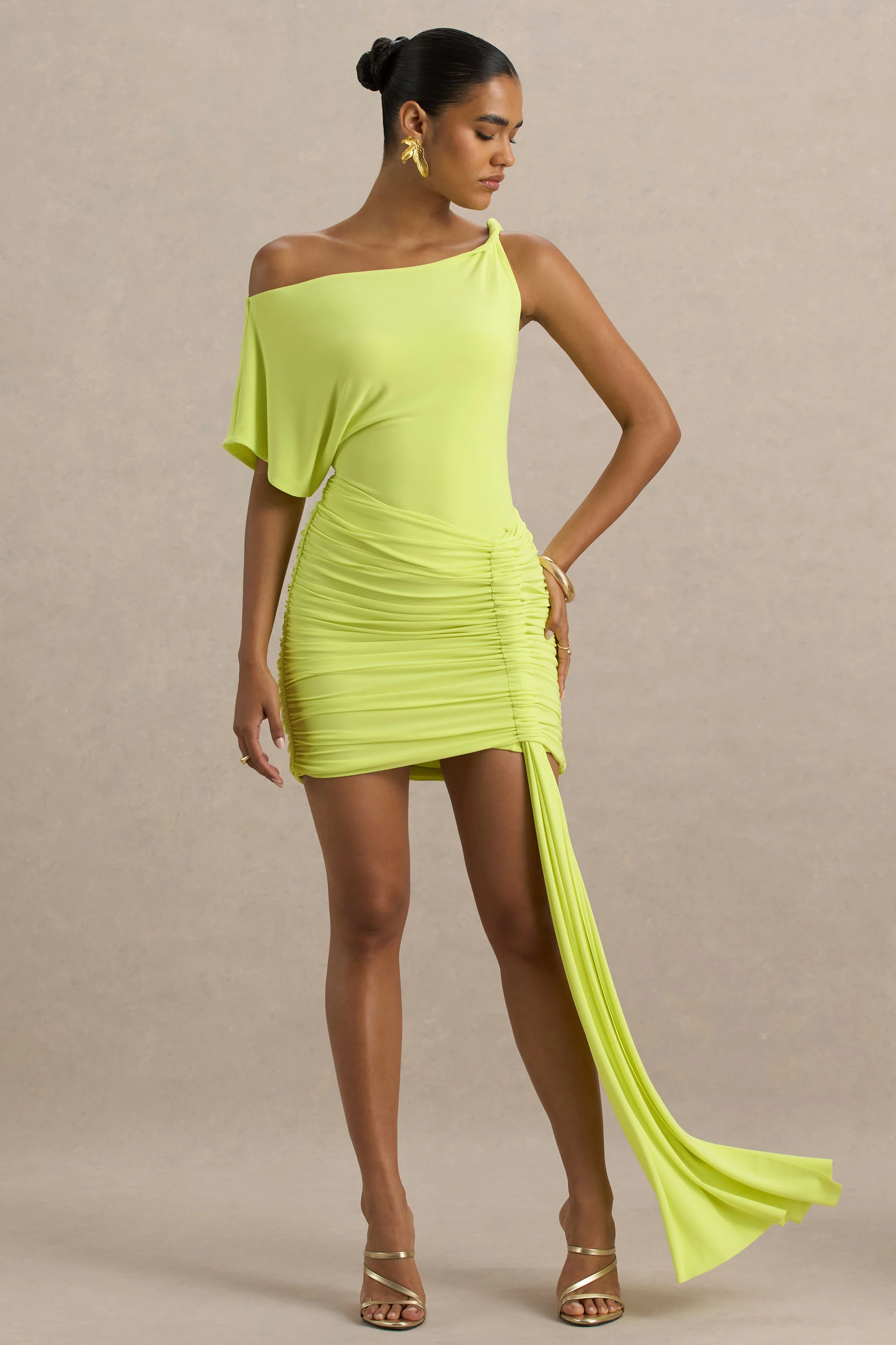 Marci | Lime Green Asymmetric Ruched Mini Dress With Sash