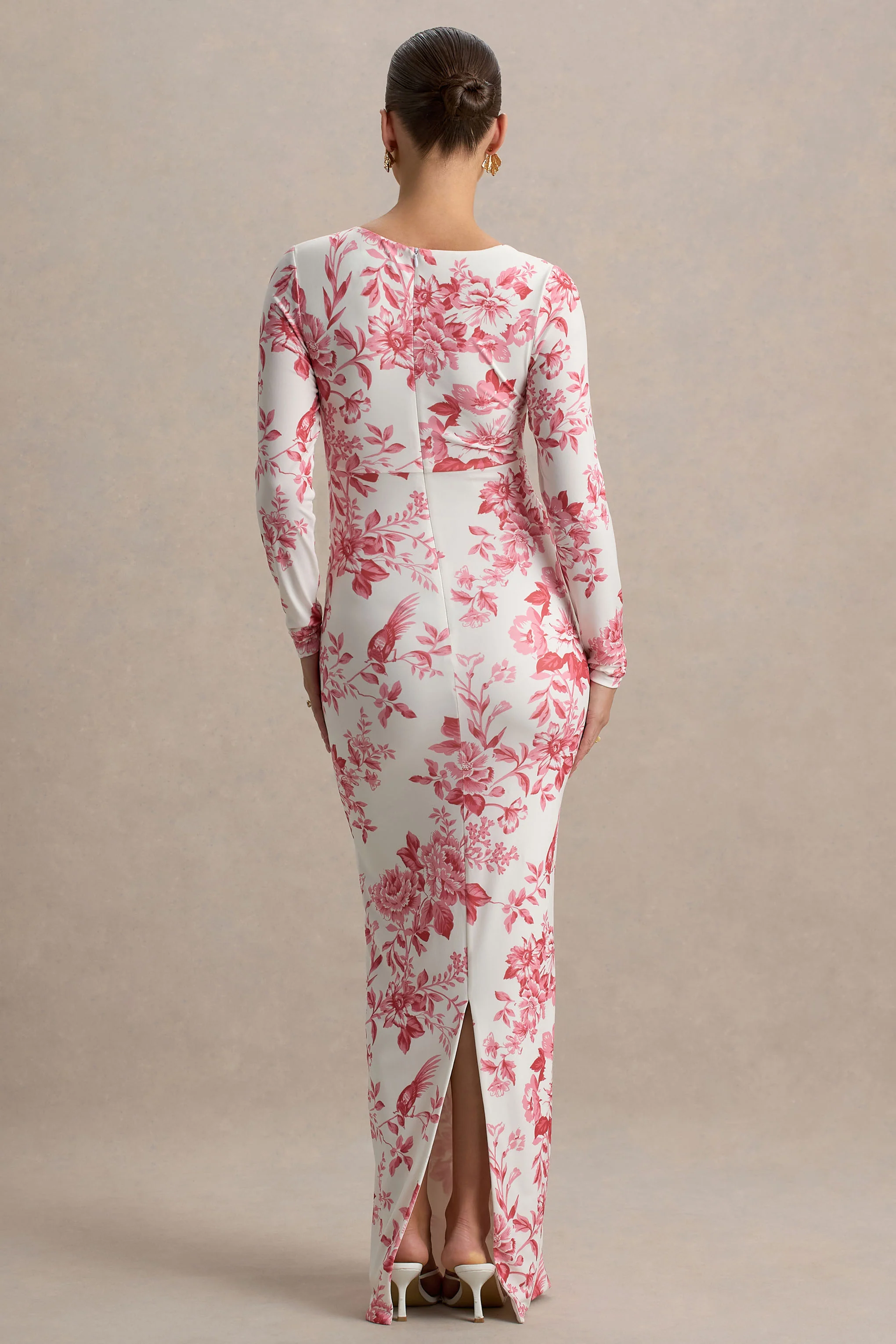 Vanette | Pink Floral Print Asymmetric Long-Sleeve Maternity Maxi Dress