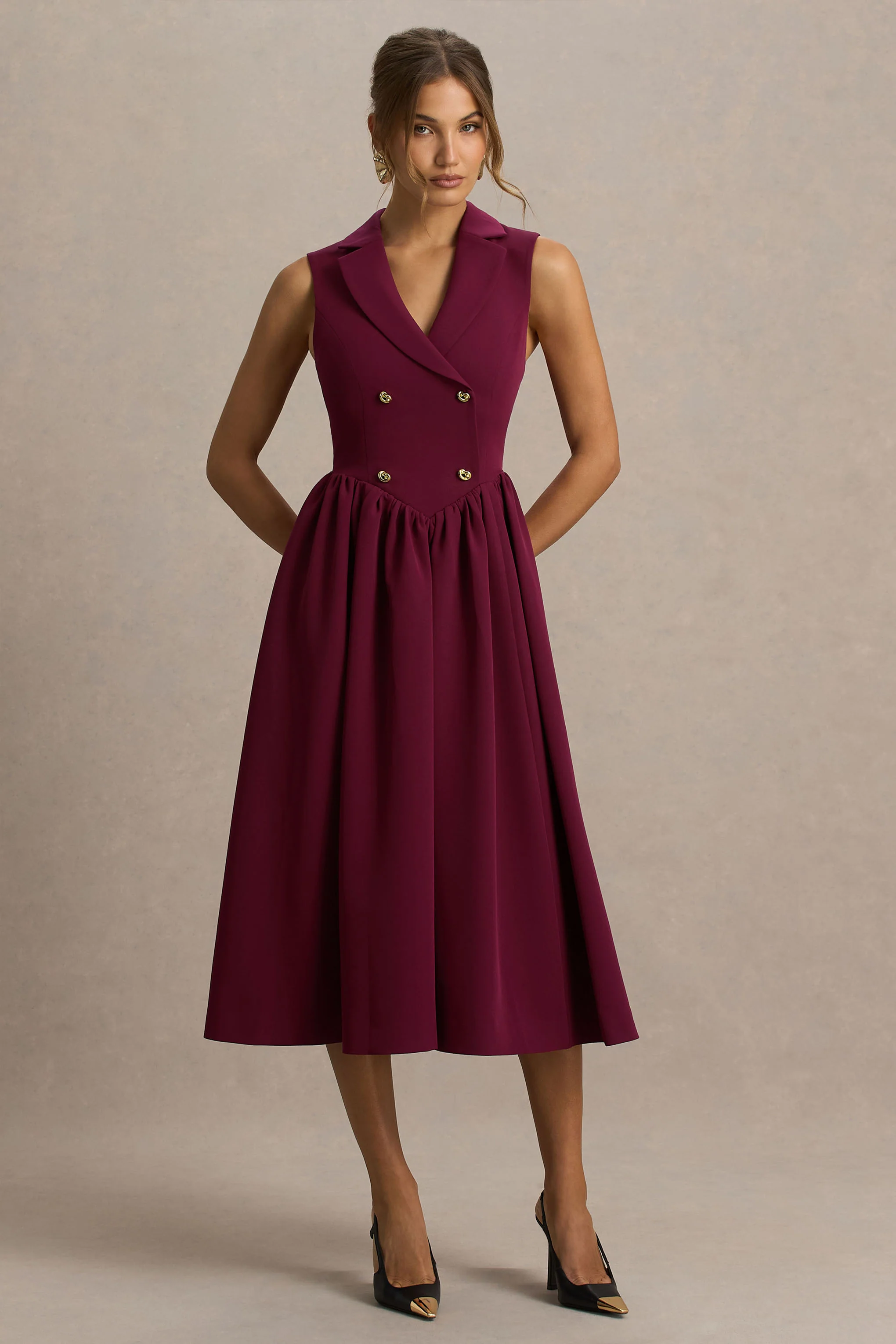 Lisa | Burgundy Plunge-Neck Tailored Midi Dress
