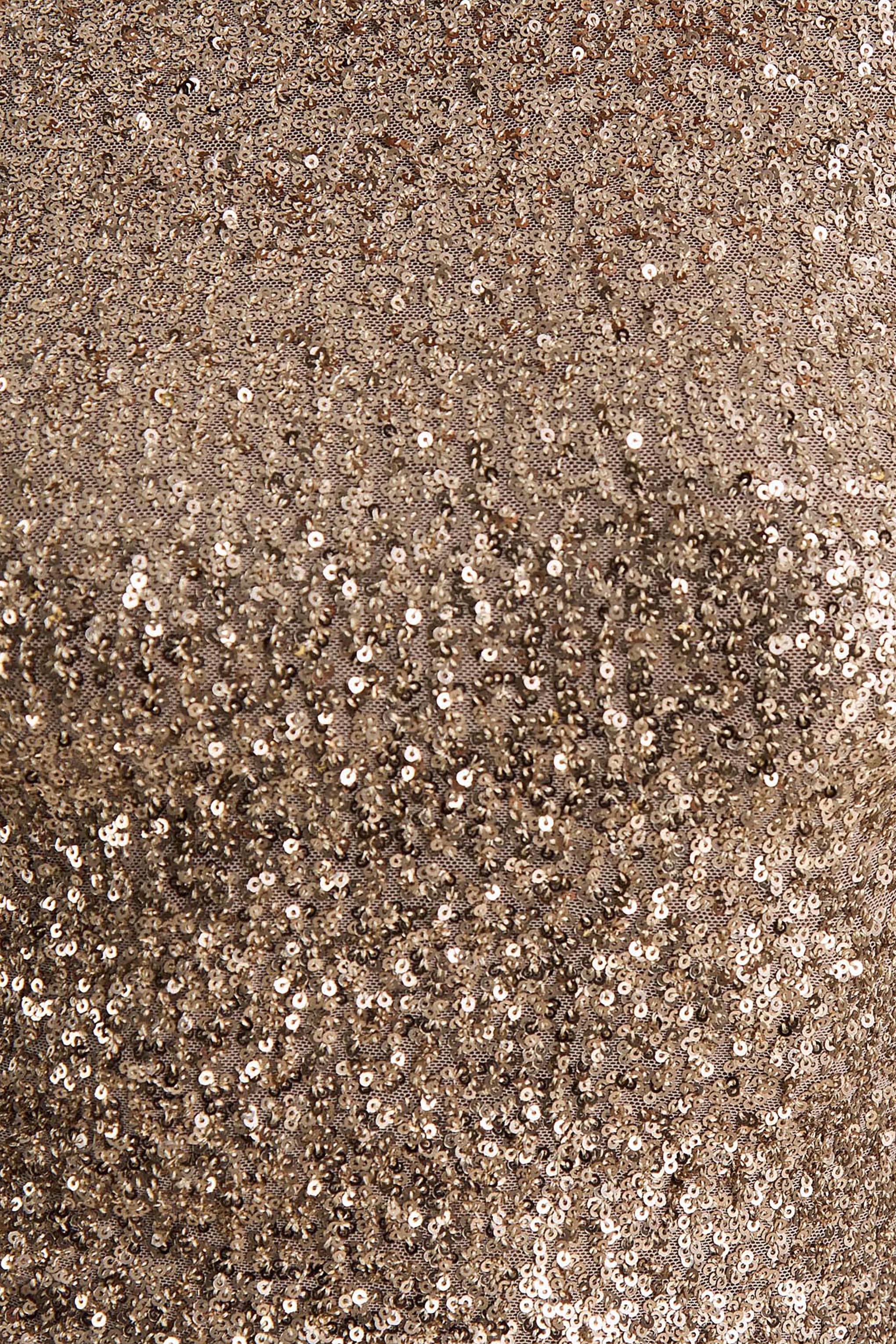 Mercedes | Champagne Sequin Boat-Neck Mini Dress With Long-Sleeves And Draped Detailing