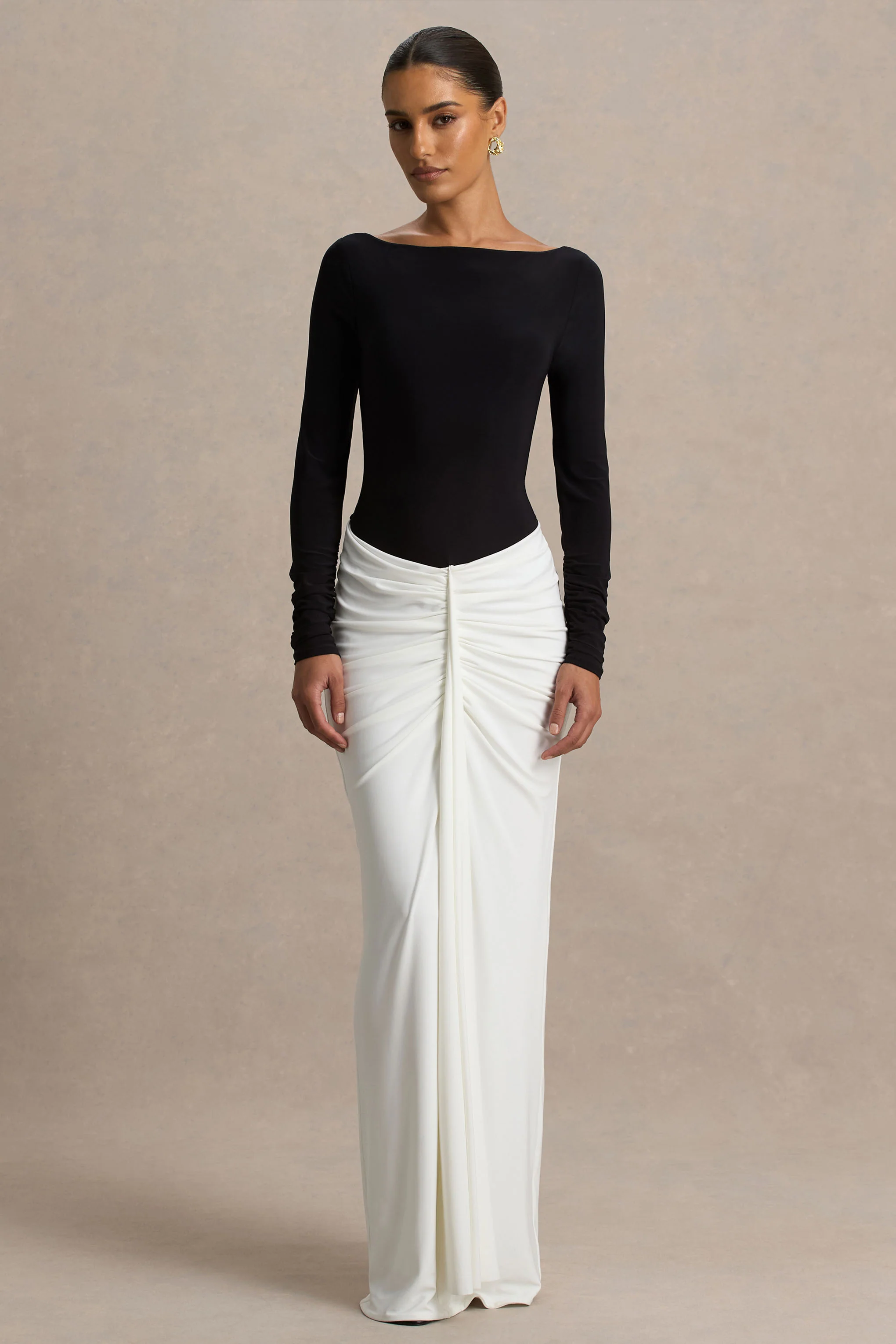 Matilda | Black And White Boat-Neck Maxi Dress With Ruched Detailing