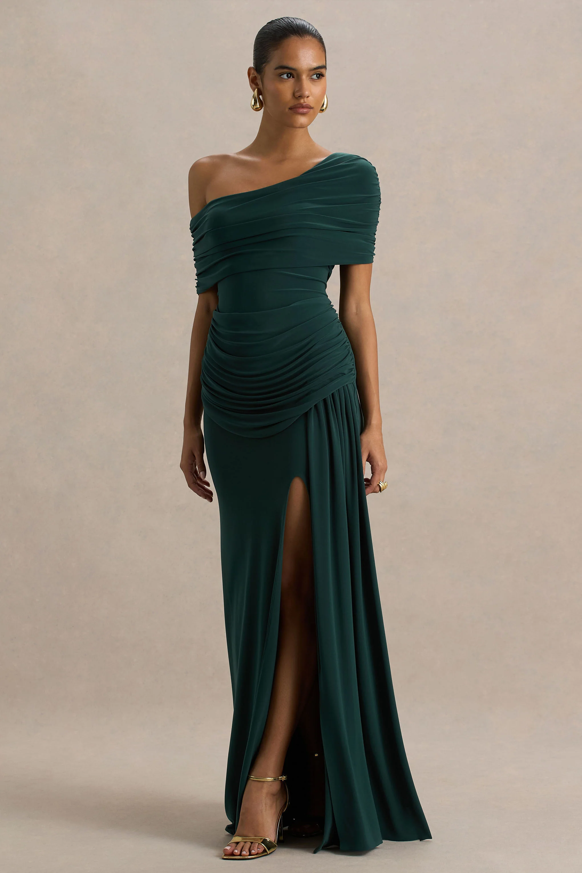 Dynasty | Dark Green Asymmetric-Neck Maxi Dress With Ruched Detailing And Front High-Split