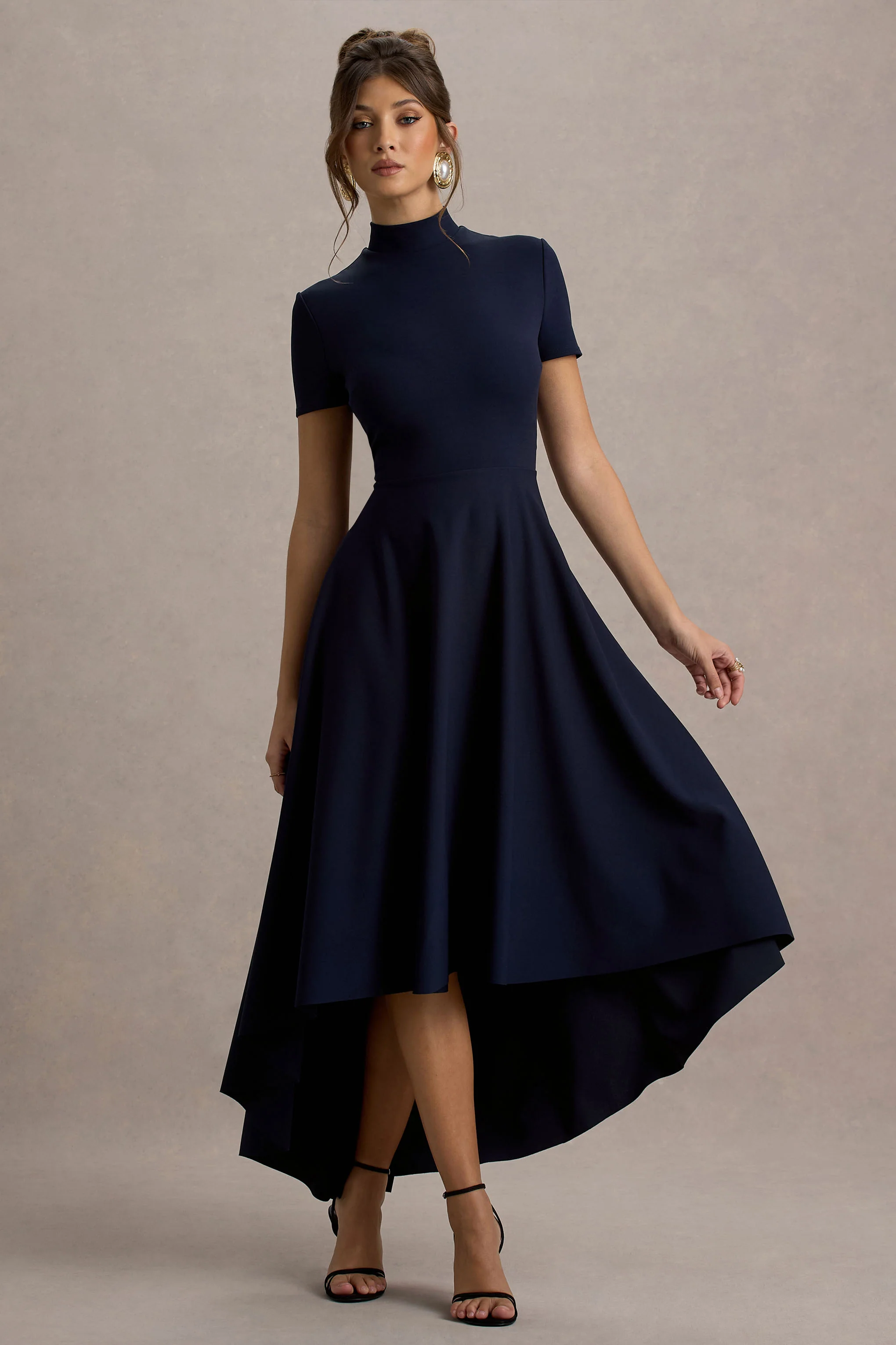 Bellona | Navy High-Neck High-Low Midi Dress