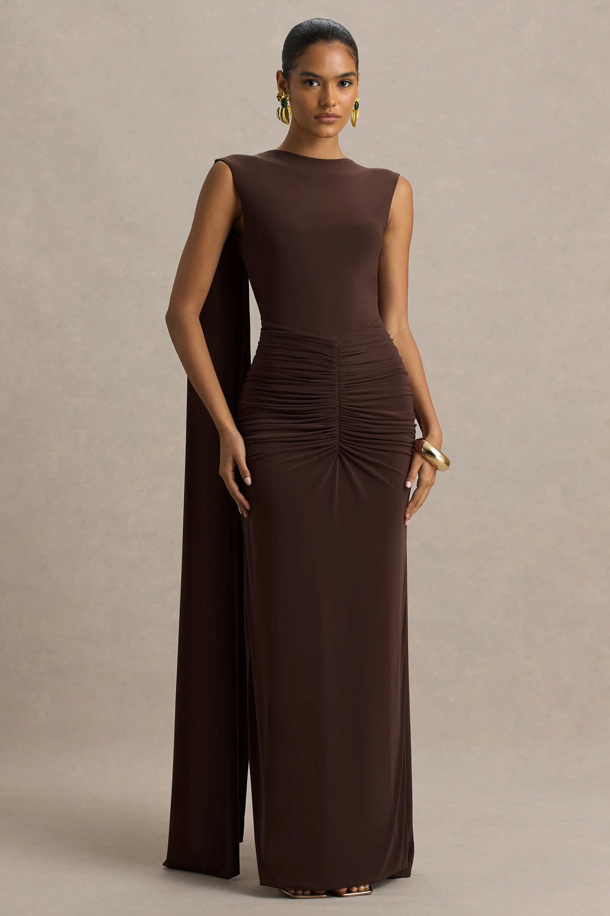 Premiere | Brown Boat-Neck Maxi Dress With Cape Sleeves And Open-Back