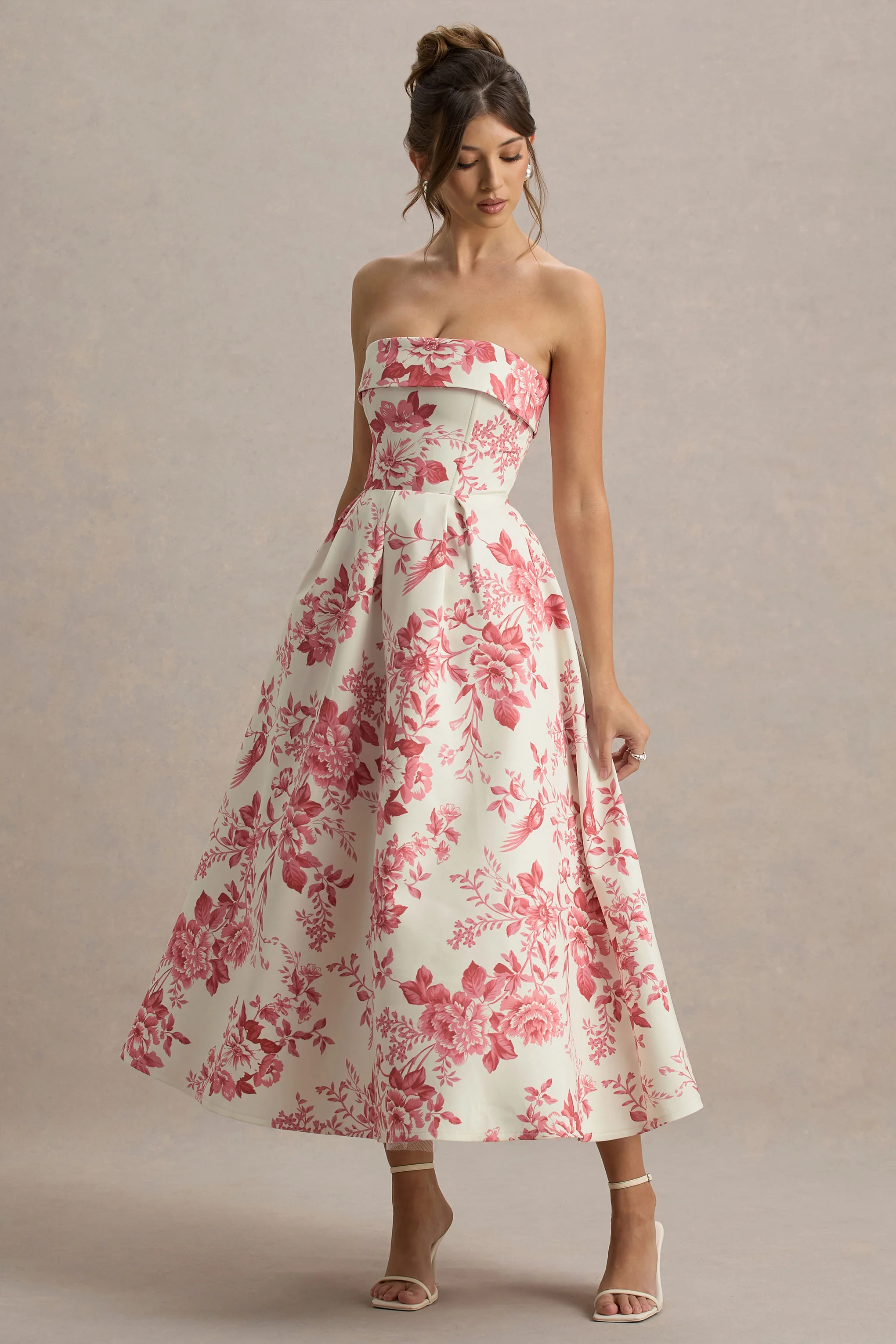 Annalise | Pink Porcelain Print Bandeau Skater Midi Dress