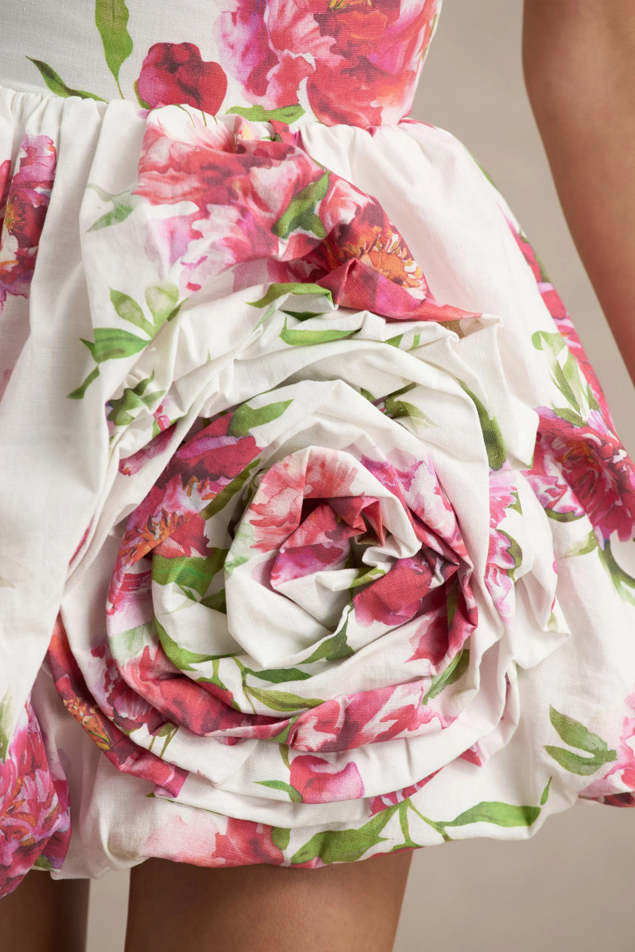 Adira | Cream Floral Print Bandeau Puffball Mini Dress With Ruffle Detail