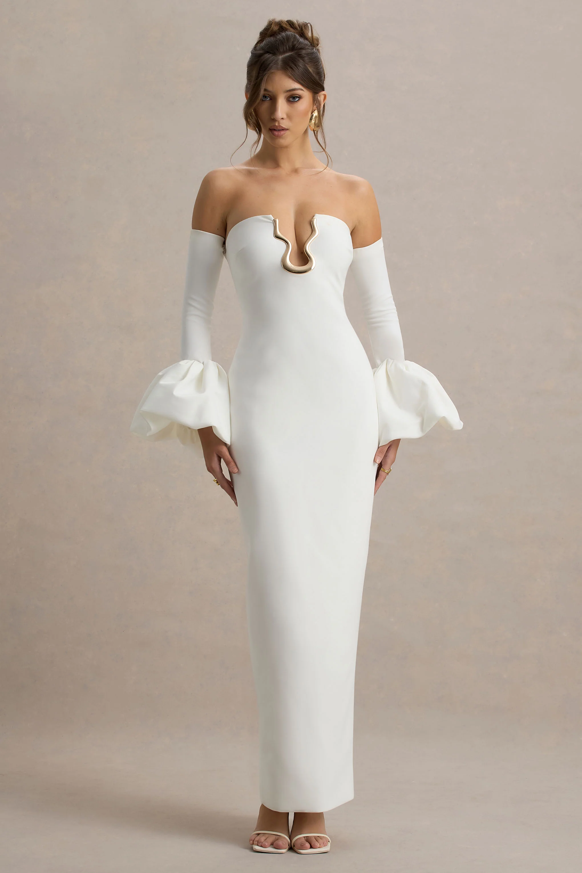Annalisa | Cream Bandeau Maxi Dress With Satin Cuffs